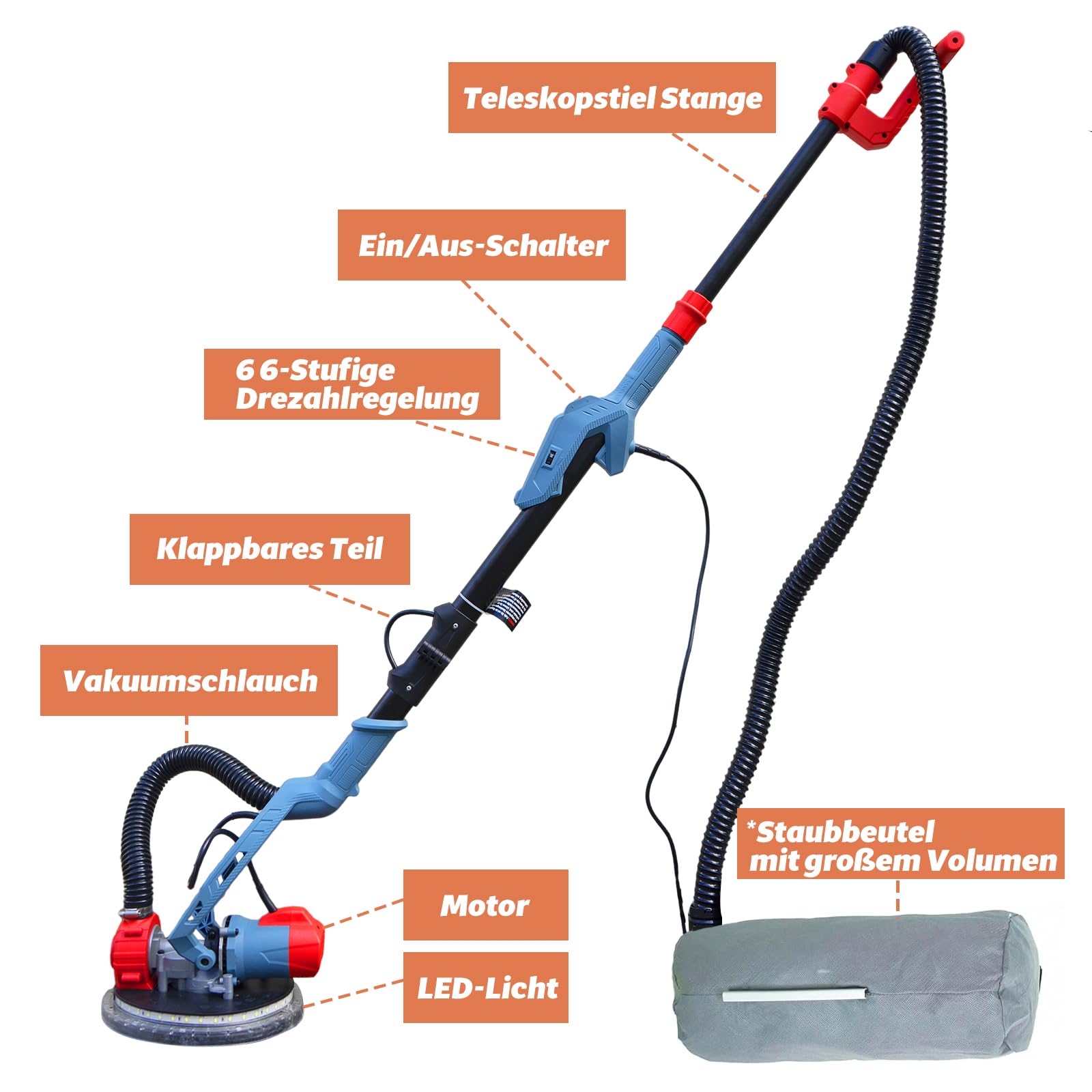 FANZTOOL Trockenbauschleifer 750W mit Integriertem Staubsauger, Ø 225 mm, bis 120° Neigbarer Schleifkopf,1,9m Teleskopierbar,Wand & Deckenschleifer inkl. 12 Schleifscheiben & LED-Arbeitsleuchte