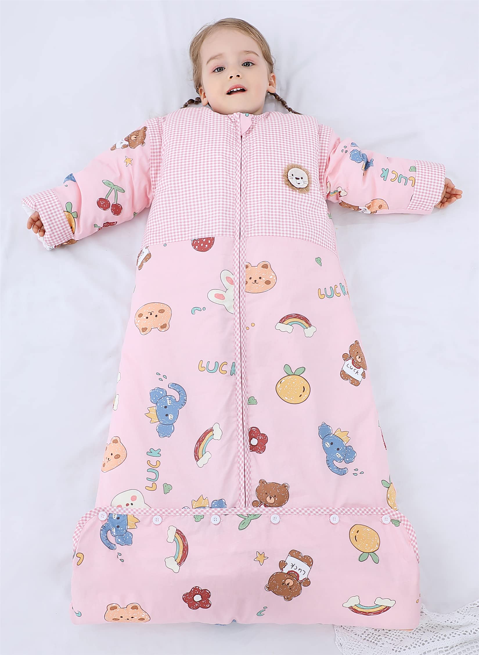 Chilsuessy Sacco nanna invernale 2,5 Tog, per bambini, con maniche rimovibili, in cotone biologico, per tutto l'anno, per ragazzi e ragazze, caldo, 2,5 tog/orsetto ciliegio, L (100-130 cm)