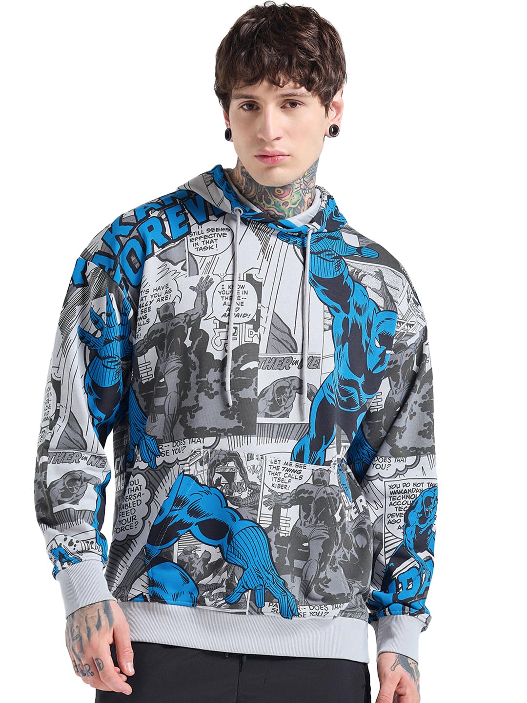 Bewakoof Official Marvel Merchandise Men’s All Over Printed Oversized Fit Full Sleeve Hooded Neck Cotton Blend Hoodies