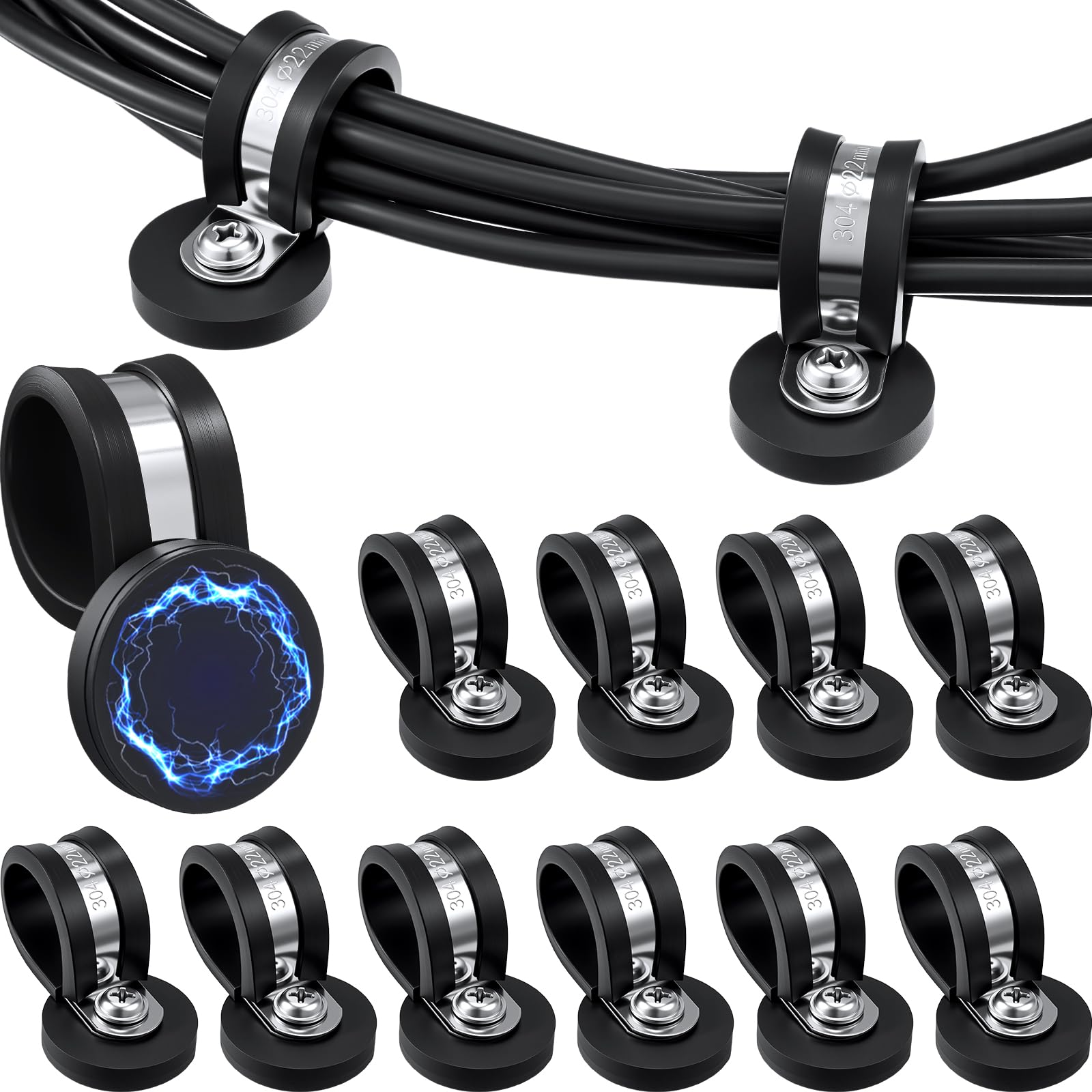 LEIFIDE Paquete de 12 abrazaderas de cable de acero inoxidable de 3/4 pulgadas, abrazaderas de cable magnéticas resistentes, abrazadera aislada acolchada de goma, soporte de clips de cable aislado