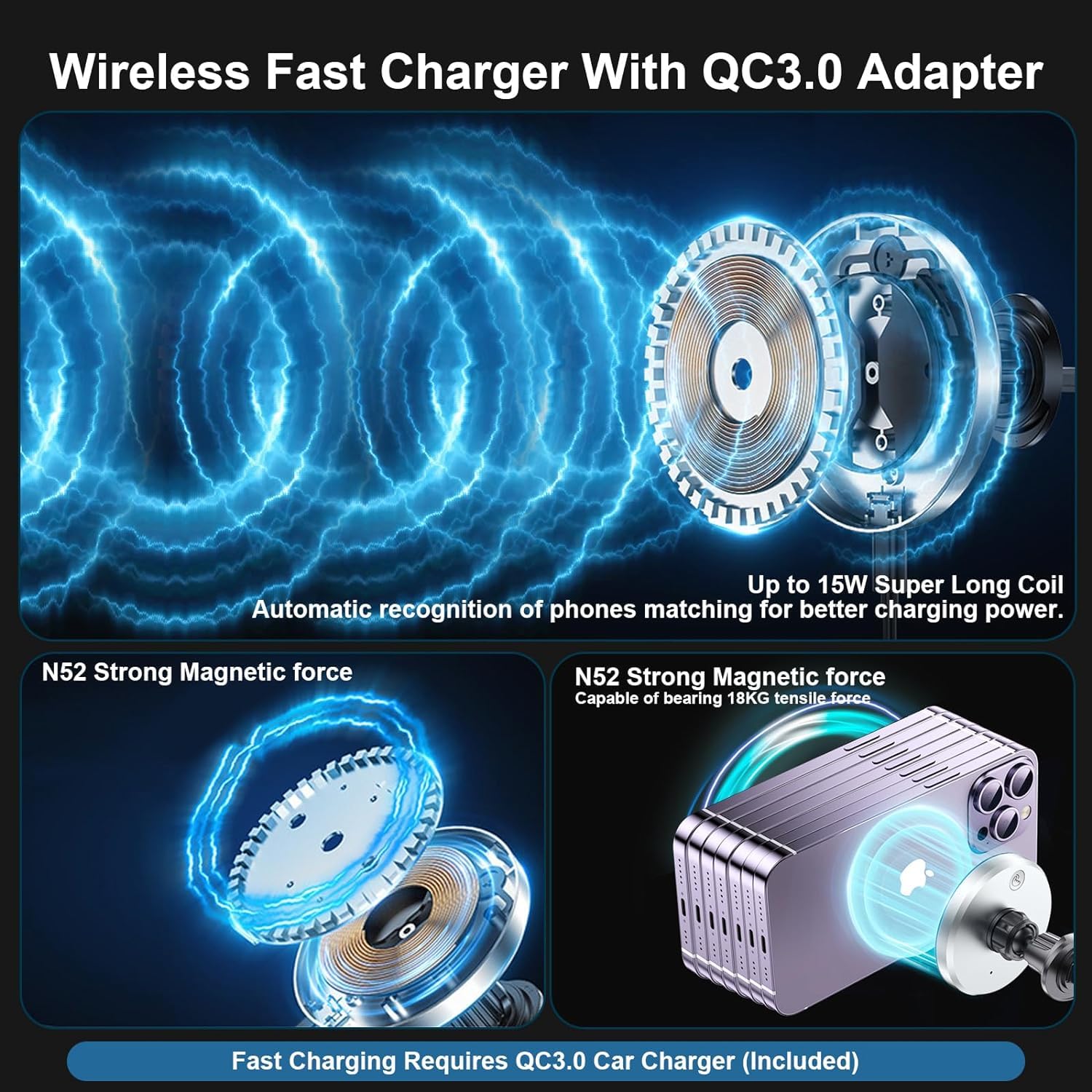 Qoosea Magnetic Phone Car Mount with Light Car Phone Holder Wireless Charger with 18W Adapter Air Vent Wireless Car Charger 360° Adjustable Rotation Fast Charging Compatible with iPhone Car Mount
