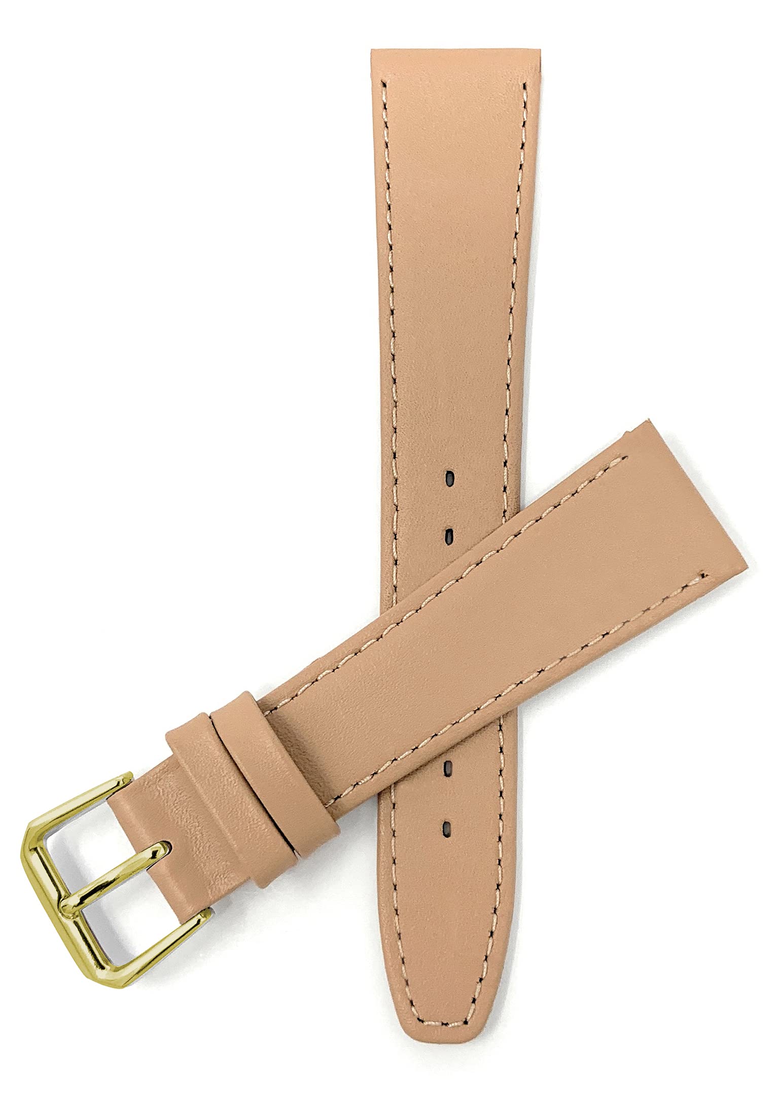 Bandini Extra Long 12mm Womens Leather Watch Band Strap - Beige with Stitching - Classic - Slim - Gold Buckle
