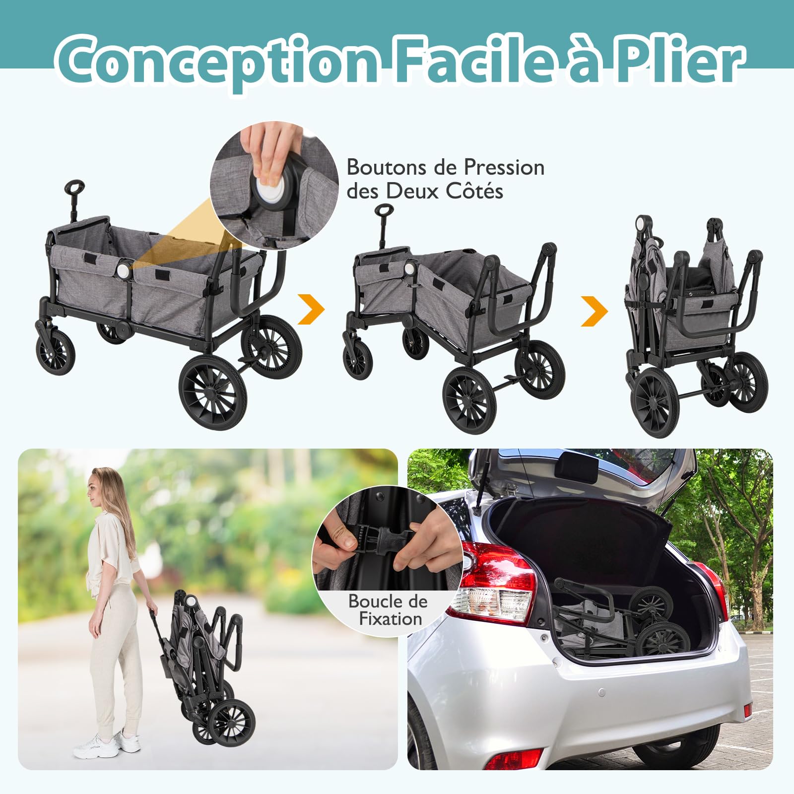 COSTWAY Poussette Tandem Double Pliable avec Auvent Amovible & Poignée Réglable, Chariot Enfant Transport avec Sac & Plateau-repas & Roue à Freins, Charge 25 kg Chacun pour 2 Bébés de 6 Mois+ (Gris)