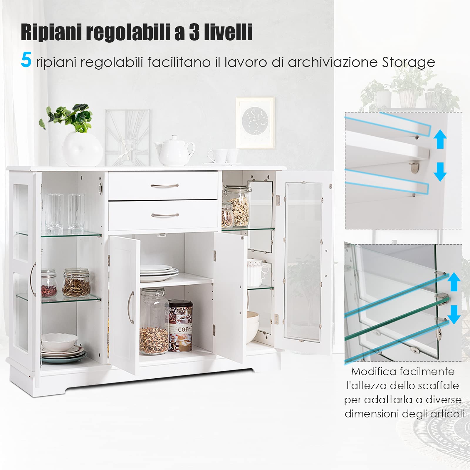 GYMAX Credenza per Cucina, Mobile di Stoccaggio per Cucina con Porte e Ripiani, 2 Vetrine in Vetro per Sala da Pranzo, Corridoio, Ufficio 107 x 30 x 82 cm