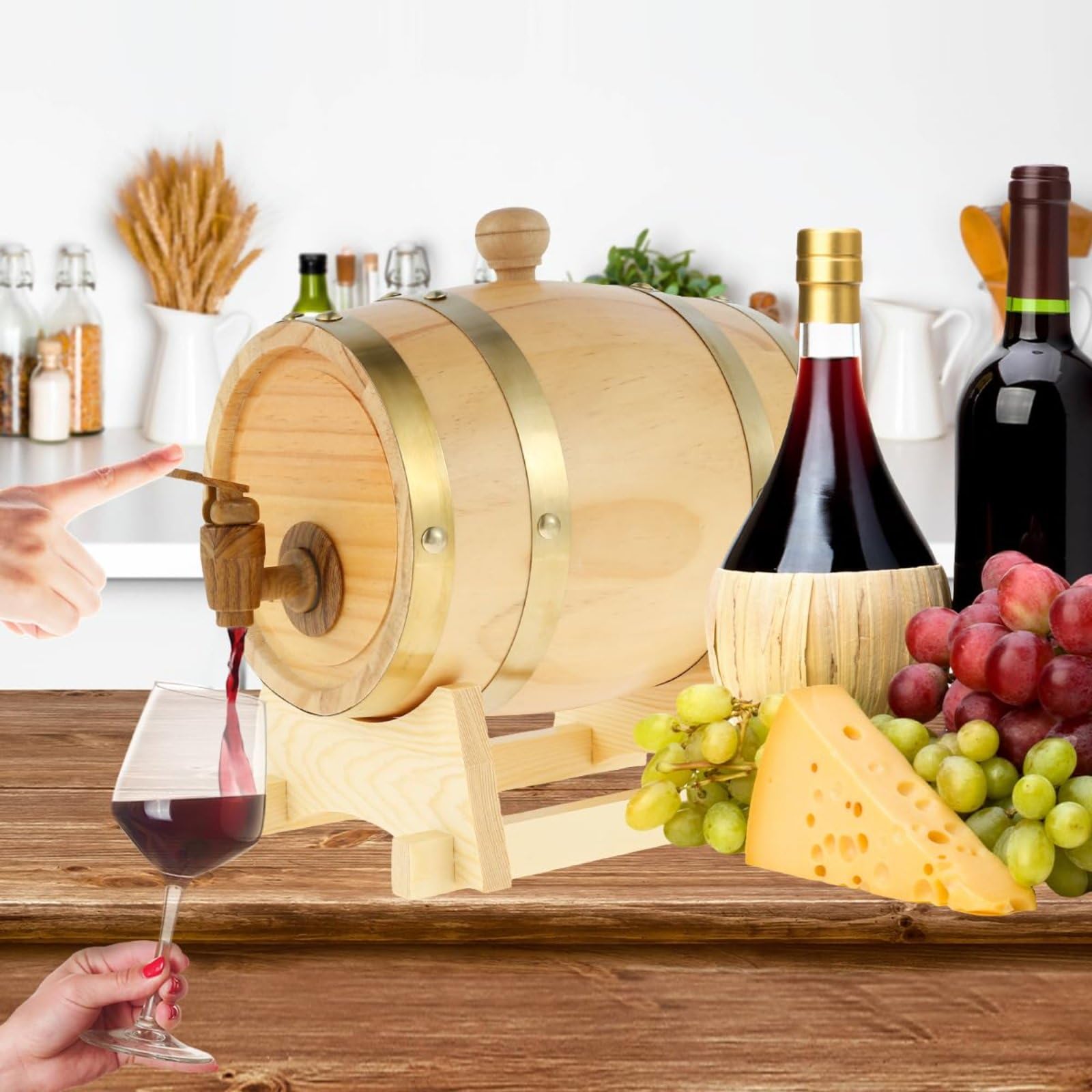 Barile di vino in legno di pino da 1,5 l, dispenser per birra a prova di perdite, con rubinetto e supporto, perfetto per conservare il vino e decorare la casa e il bar