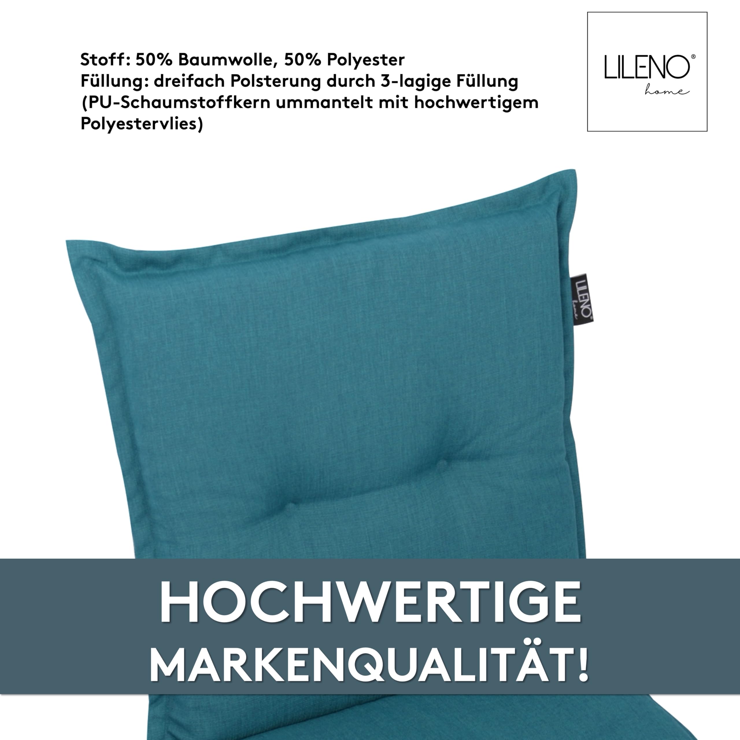 LILENO HOME MAR Coussins pour chaise de jardin à dossier bas, bleu pétrole, coussins d'assise confortables pour meubles de jardin, coussins de chaise pour chaises de jardin et chaises pliantes