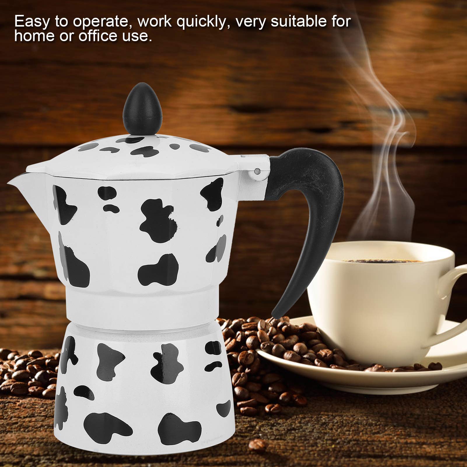 Cafetera Moka para el hogar, hervidor de mano concentrado, color vaca leche con aluminio italiano, para hervir hervidos, estufas italianas, expreso y ollas moka (3 tazas color vaca 150 ml)