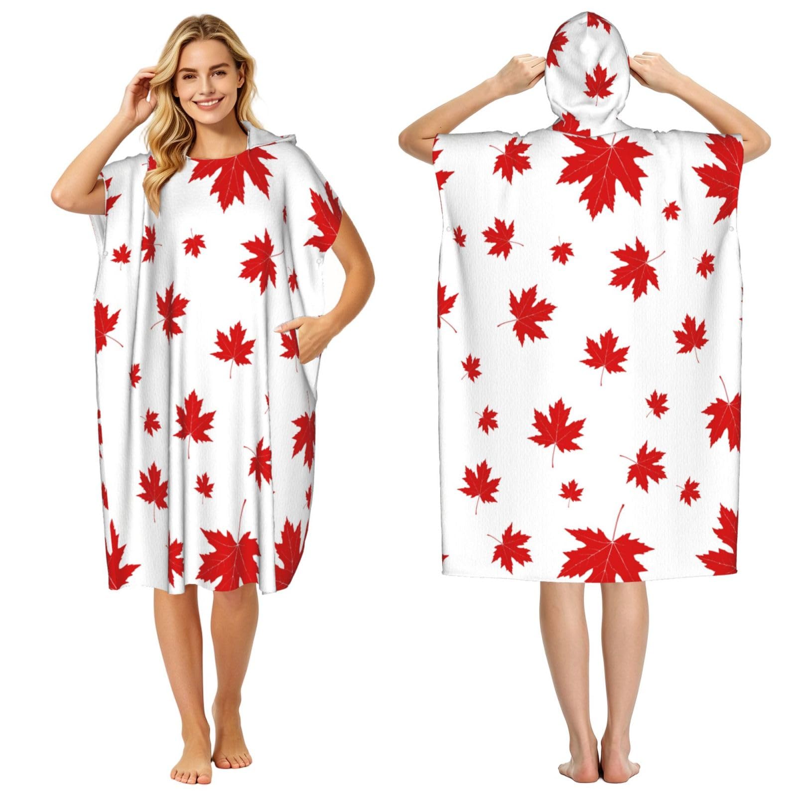 Poadnly Red Maple Leaf, Adult Hooded Beach Towel 90 x 110 cm,Changing Bath Robe, Surf Poncho Towel For Women Men