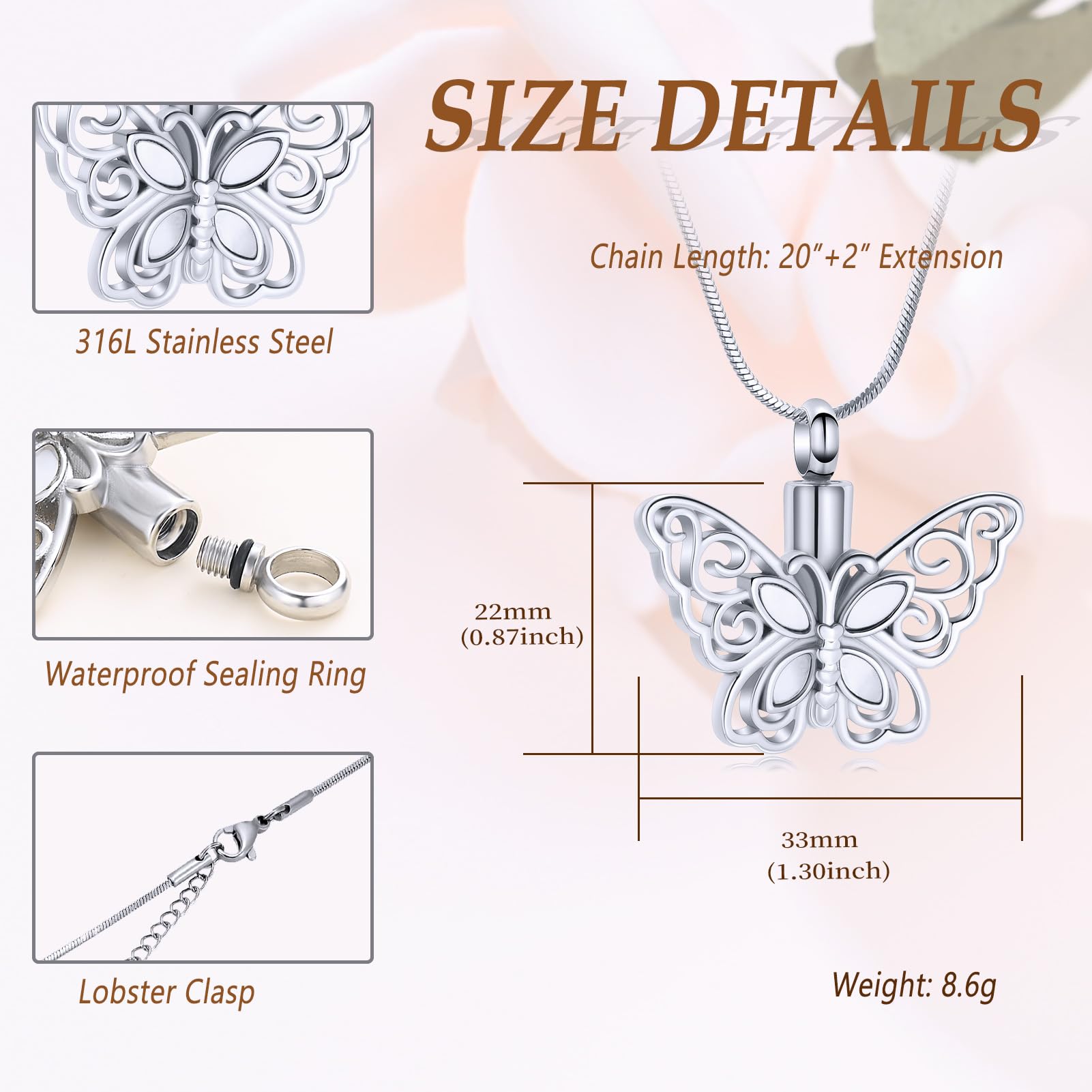 Minicremation Cremation Jewelry for Ashes Memorial Keepsake for Beloved's Ashes Urn Pendants Butterfly Cremation Necklace for Ashes (Silvery)