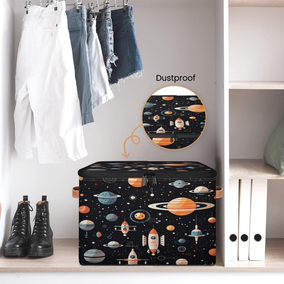 Storage Bin Set of 2 Planet Rocket Storage Basket with Zipper Lid & Handle Foldable Closet Shelf 2 Pack Cloth Organizer Basket Cube Bins Clothes Organizer for Bedroom, Nursery