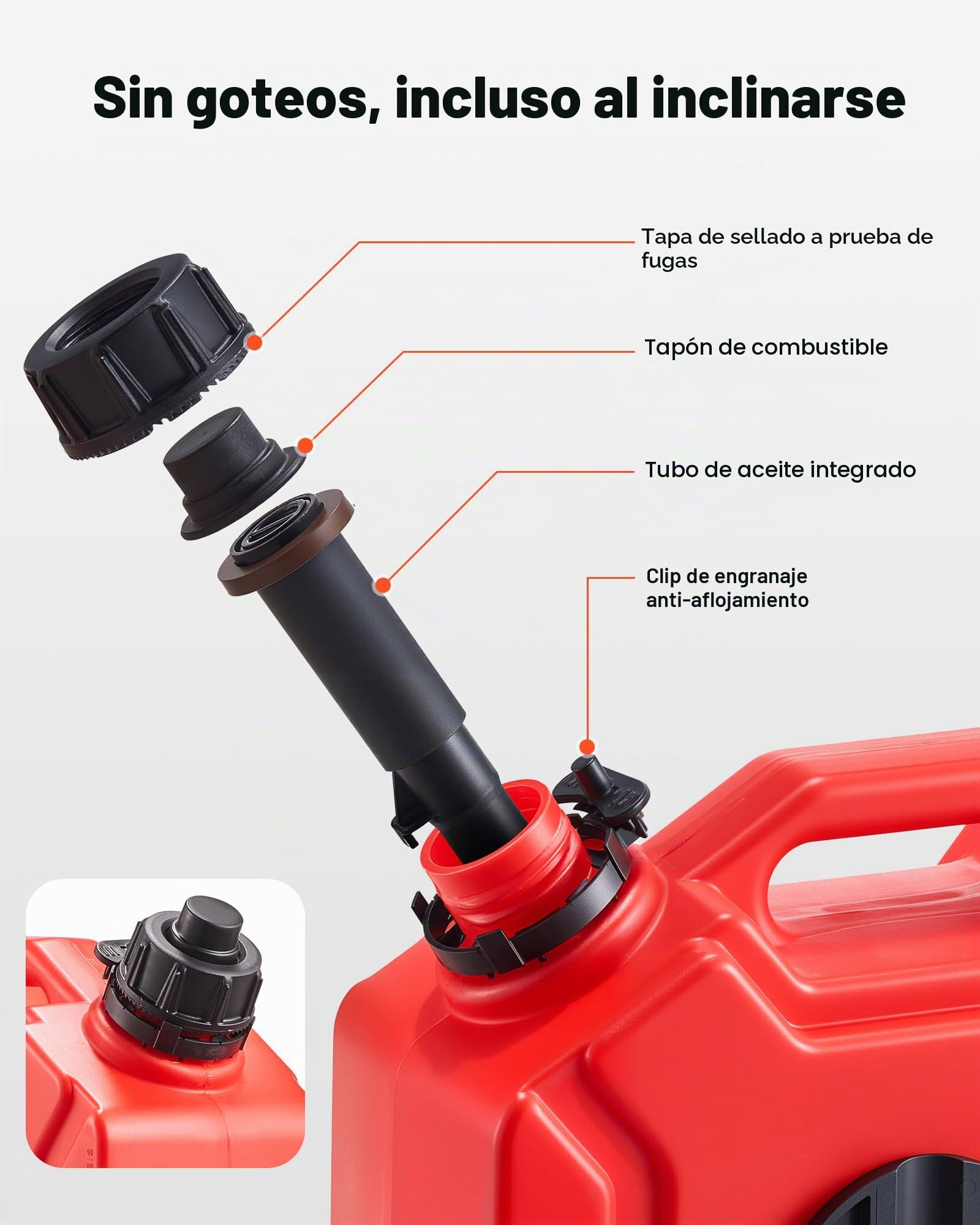 VEVOR Bidón de Gasolina de 5 L, Tanque de Combustible de HDPE y PP, con Pico y Cerradura, Caudal Máximo de 15 L/min, a Prueba de Fugas, para la Mayoría de Autos, Motocicletas, ATV, UTV, Rojo, 1 Pieza