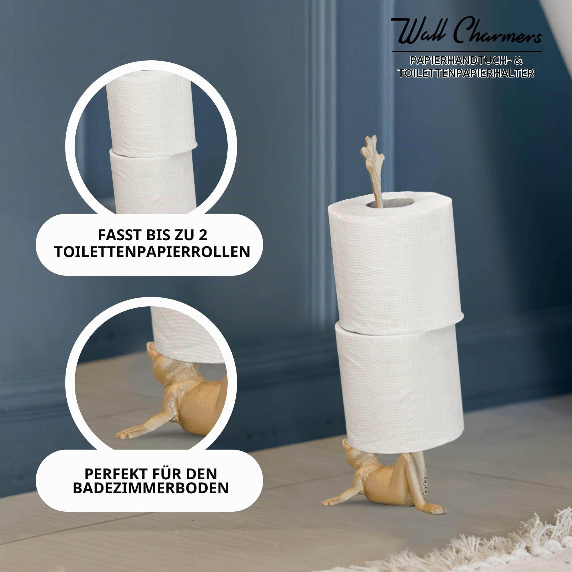 WallCharmers Gold Papierhandtuchhalter, Metall WC oder Küche Papierhalter für Boden oder Arbeitsplatte, Gold Frog