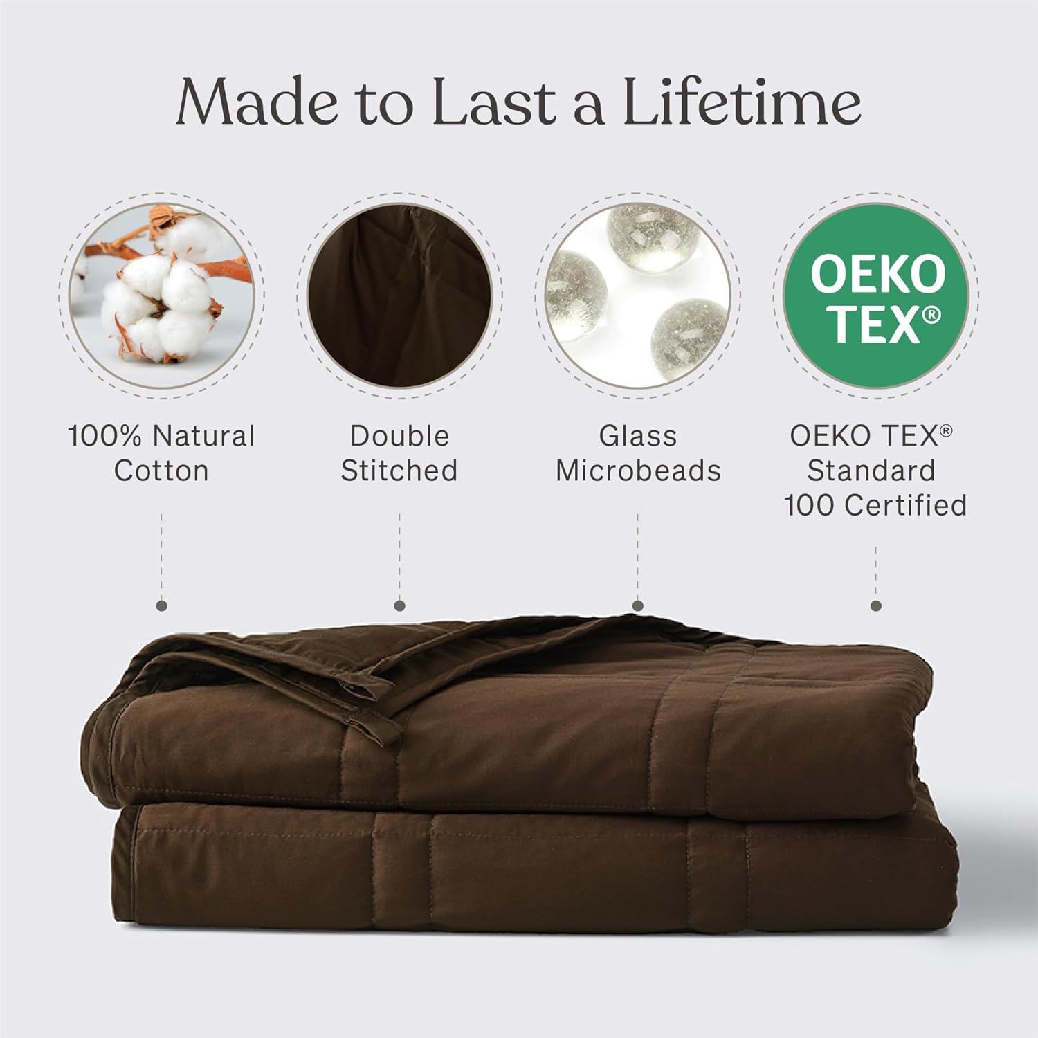 Baloo Weighted Blanket for Adults 12 lb Throw (Cocoa, 42"x72") | Cool & 100% Cotton | Machine Washable & Dryer Safe | Glass Microbead Fill - Image 3
