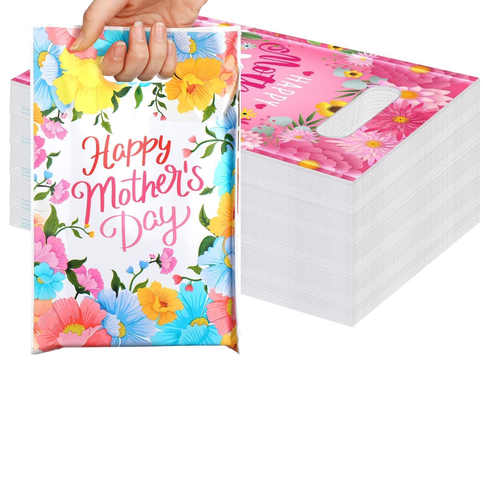Kolldenn 120pcs Happy Mother's Day Gift Bag Mother's Day Gift Bags with Handles Wildflower Plastic Candy Treat Goodie Cookie Bags for Mom Reusable Elegant Favor Totes for Mom Grandma Aunt