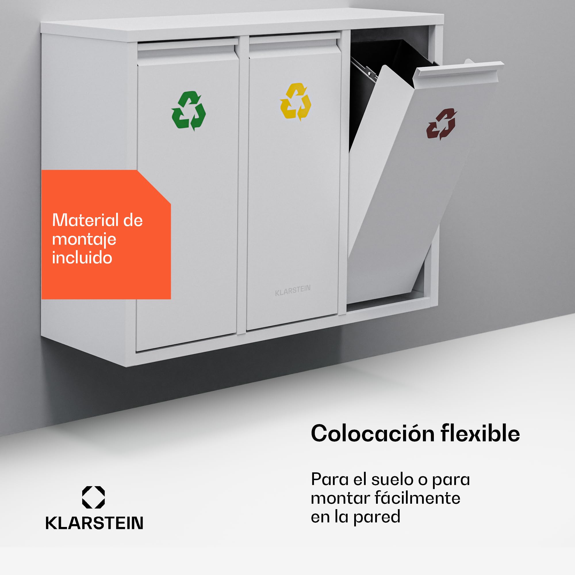 KLARSTEIN Ordnungshüter 3 Cubo de basura cocina - 45L separación de residuos, 3 cubos de 15L, acero inoxidable, extraíbles, papelera cocina