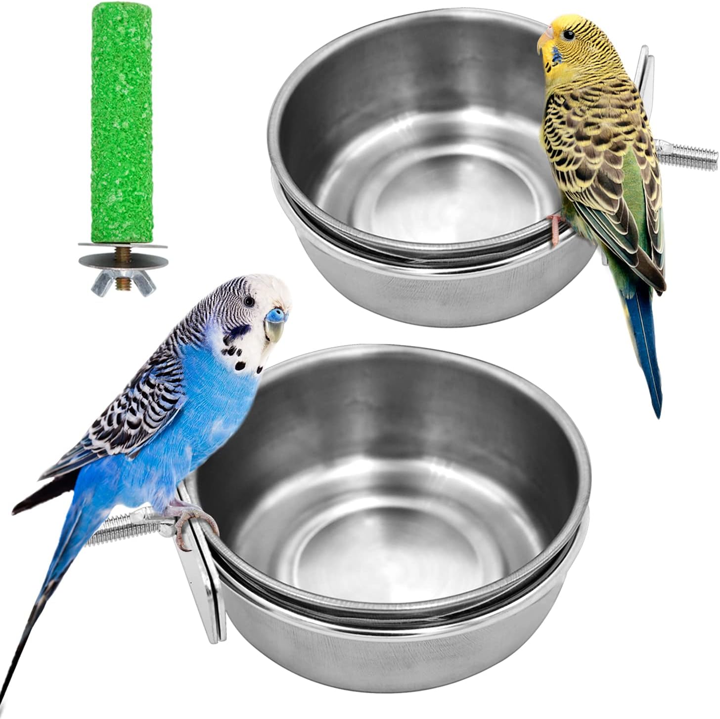 Juego de 2 tazas de alimentación para pájaros, cuenco de alimentación fijo de acero inoxidable, tazas de alimentación para loros, jaula para pájaros, juguete para periquitos, cacatúas conure