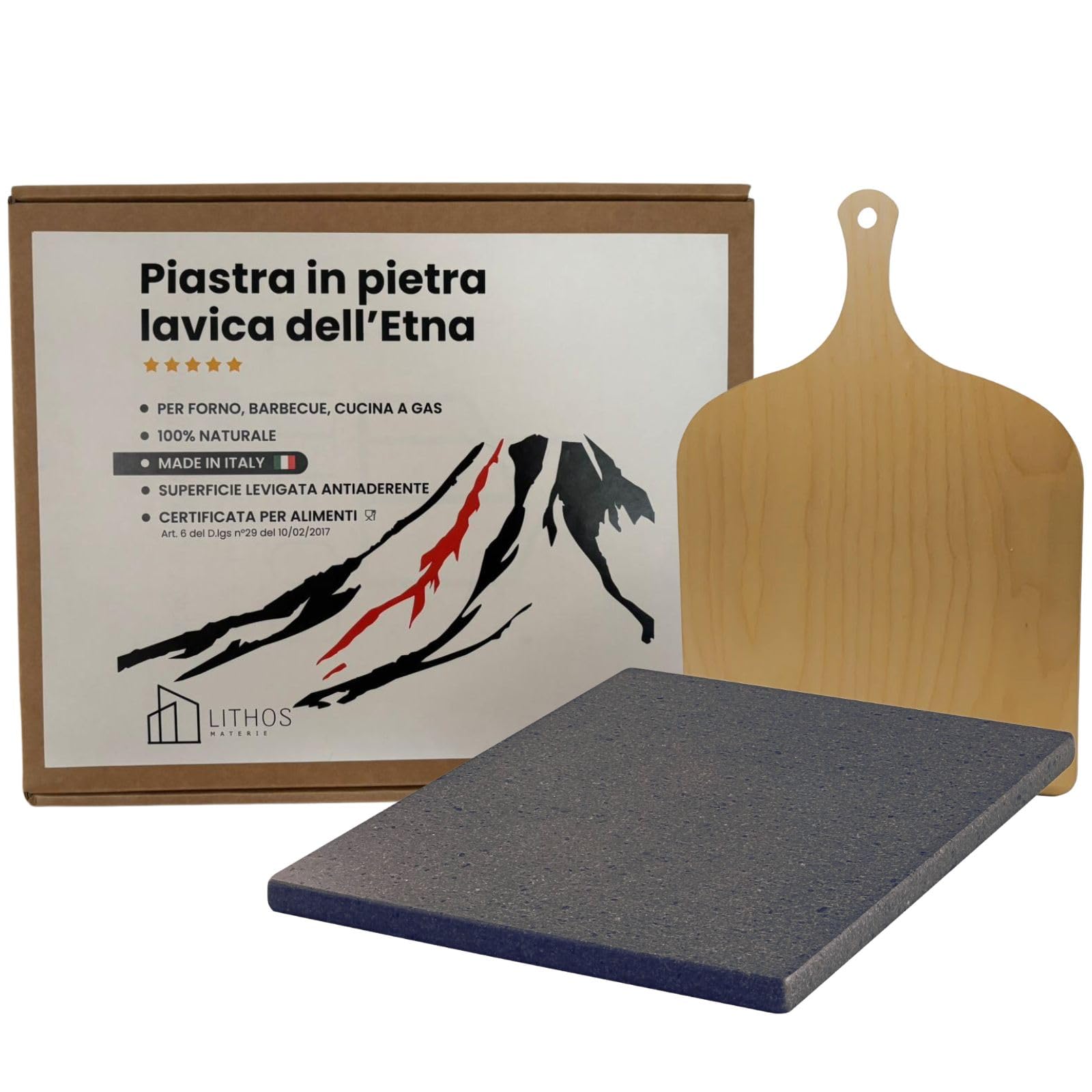 PROMO LITHOS MATERIE Kit Piastra in Pietra Lavica dell'Etna con Pala, 39 x 30 cm, spessore 2cm, levigata liscia