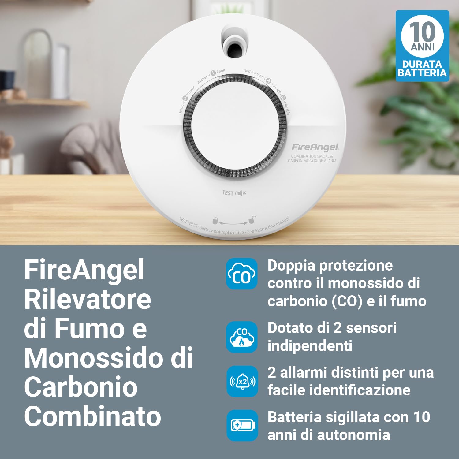 FireAngel Rilevatore Fumo e Monossido di Carbonio Combinato - SCB10-INT, Durata 10 Anni, Allarme Monossido e Sensore Fumo - Allarme Antincendio