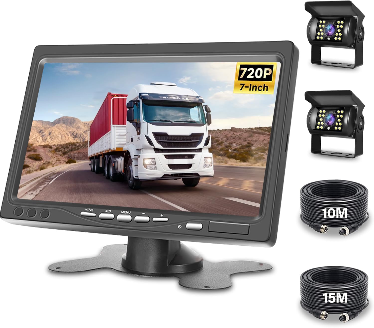 Monitor 7 Pulgadas con Camara Marcha Atras - Monitor de Coche con Soporte de cámara de Marcha atrás IP67 Impermeable 18IR visión Nocturna - 2 Cámaras retrovisoras+2 Cables para camión/autobús/Tractor