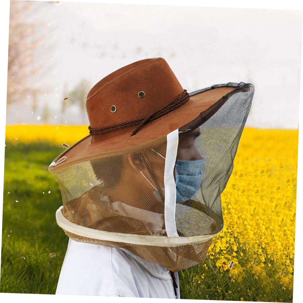 VICASKY Cappello da Ape con Velo Protettivo a Rete e Maschera Copricollo Integrale per Apicoltura, Guanti in Pelle Bianca Inclusi, Traspirante con Cerniera e Corde Regolabili