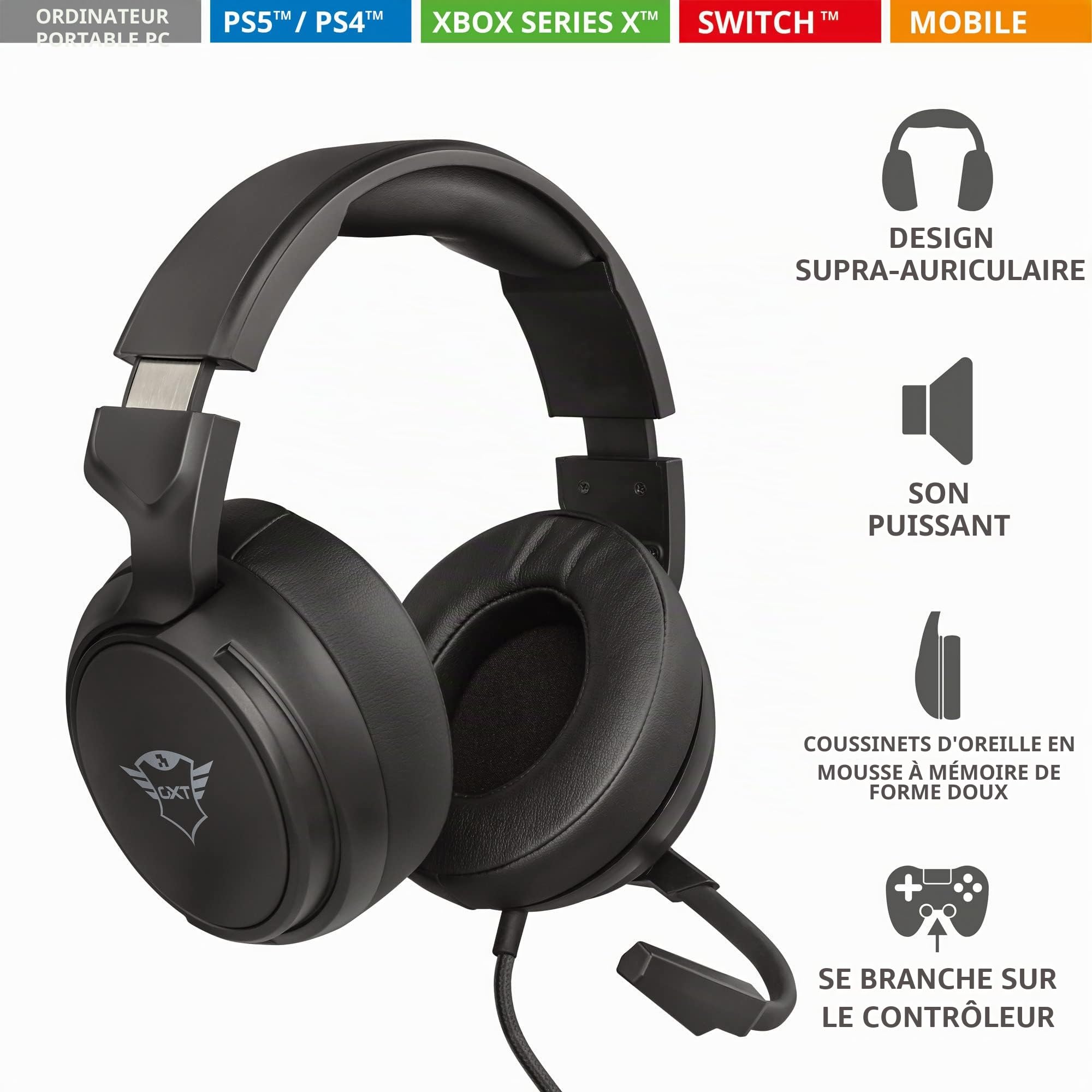 Trust Gaming Casque Gamer GXT 433 Pylo Casque Micro pour Consoles et PC, Filaire, Jack 3.5mm, Câble Tressé, Microphone Repliable pour PS4, PS5, Xbox Series X, Xbox One, Nintendo Switch - Noir