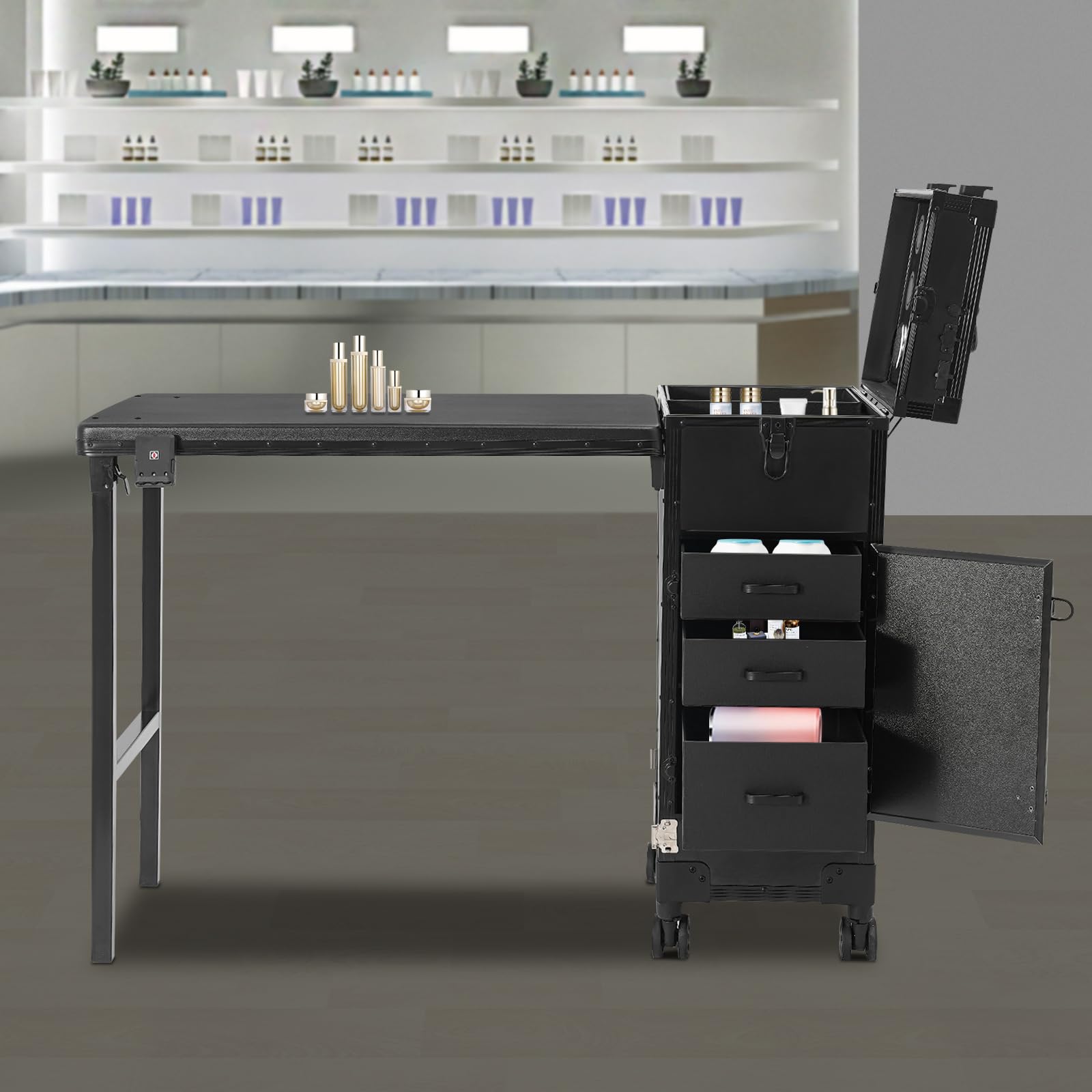 Valigetta cosmetica da donna con specchio e Bluetooth per trucchi e cosmetici, valigetta da parrucchiere con ruote universali e custodia rigida, Nero