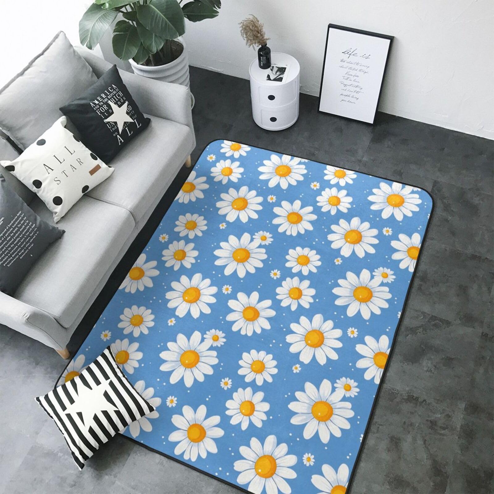 Tapis de salon doux et lavable, grand format pour chambre d'enfant aux marguerites