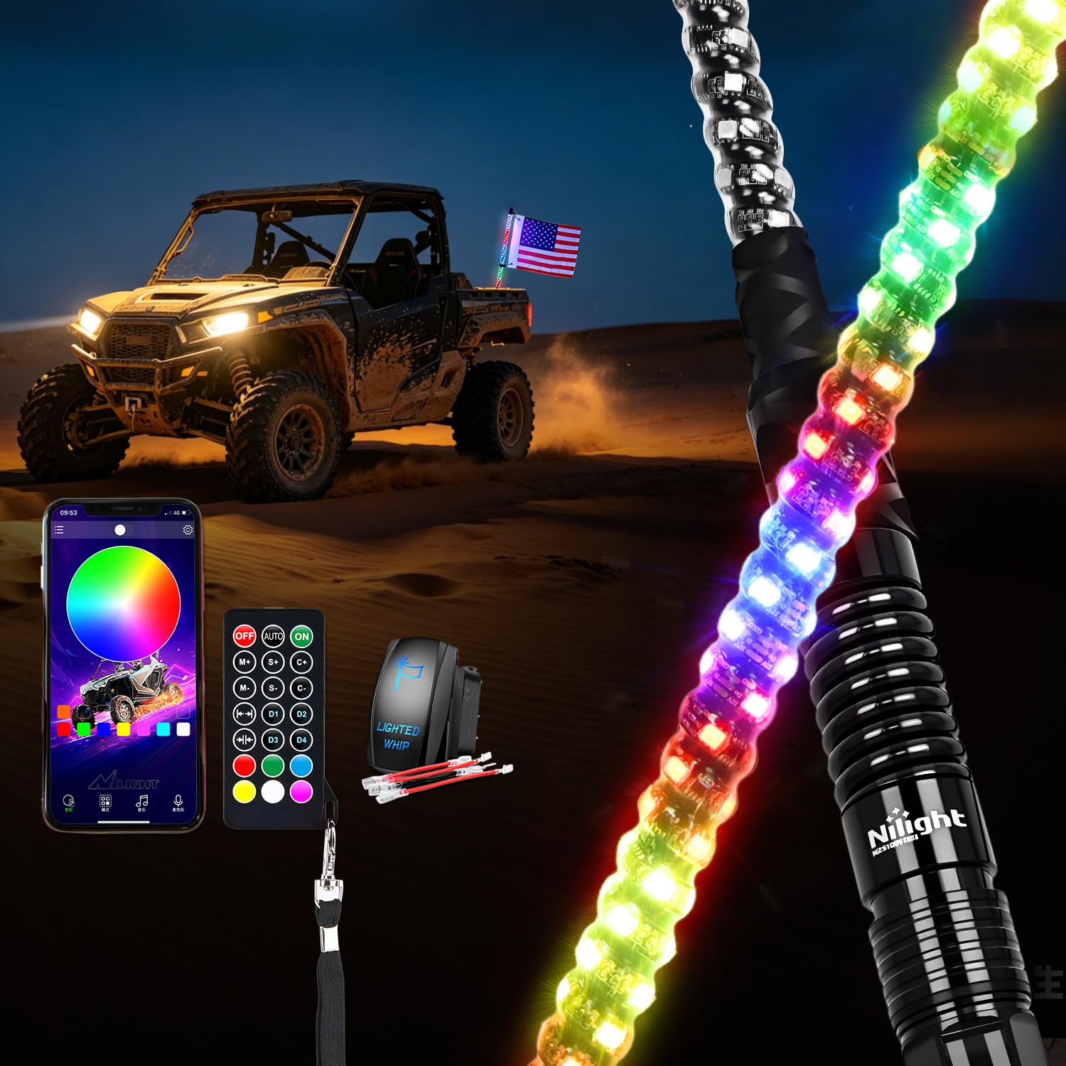 Nilight RGB LED Whip Light 1PC 2FT Spiral Antenna Whips