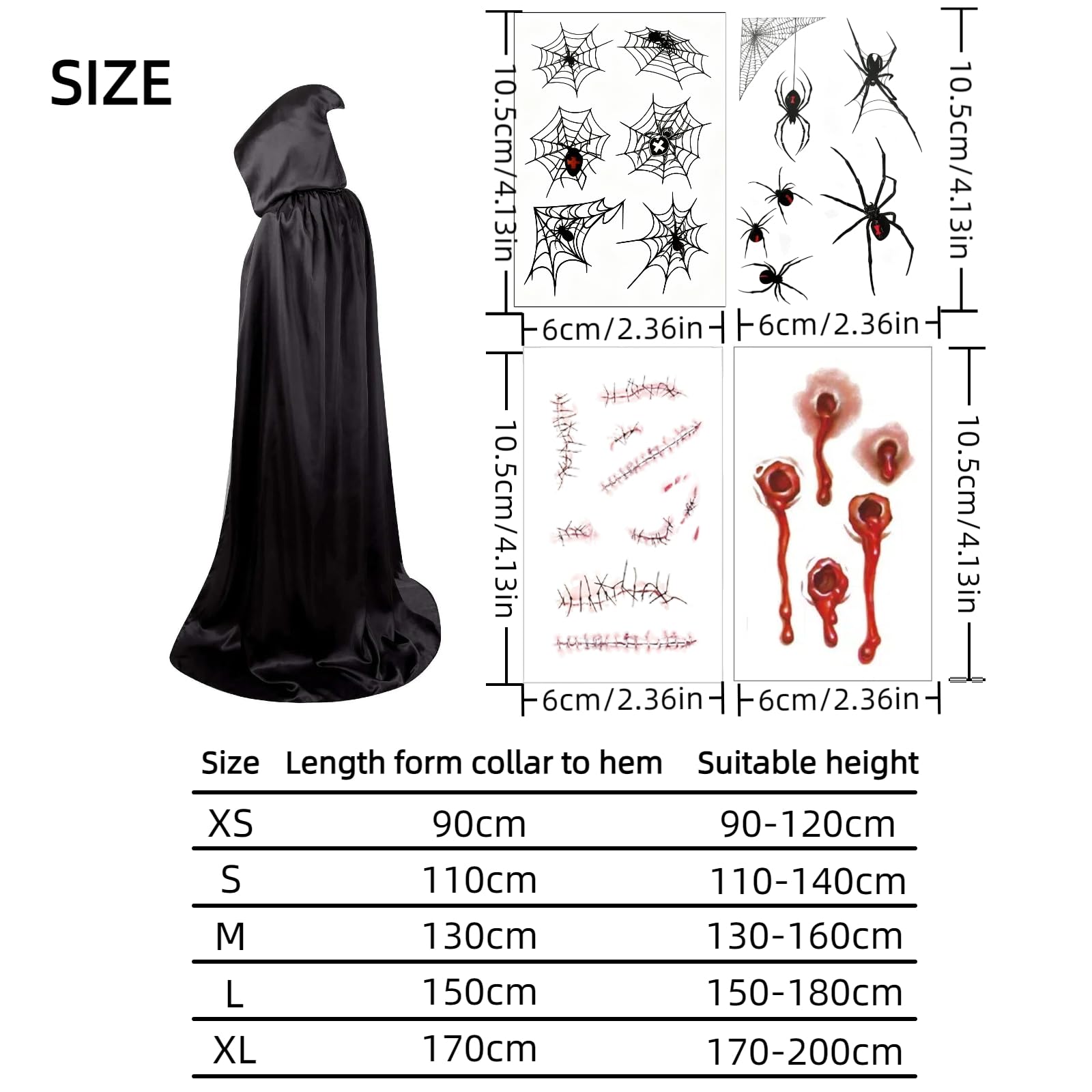 Black Cape, Black Cloak with Hood,Velvet Hooded for Halloween Costume Adults & Kids,with Bonus Scary Tattoo Stickers (M) - Image 2