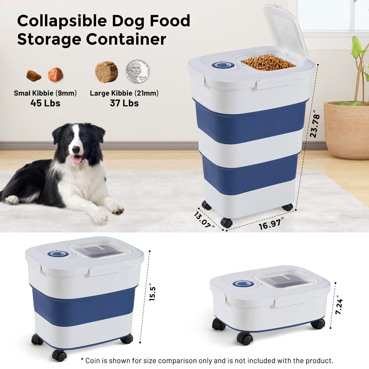 ZOMISIA Contenitore per cibo per cani da 18 a 22,7 kg, grande capacità, pieghevole, ermetico, con ruote girevoli, coperchio trasparente, paletta e datario, blu