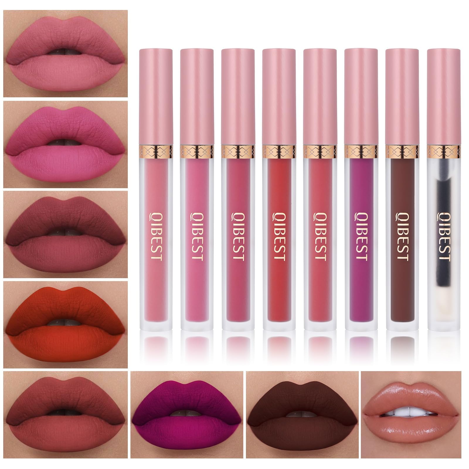 QiBest 7Pcs Matte Liquid Lipstick and 1Pcs Lip Plumper Makeup Set,Pigmented Waterproof Make Up Valentine's Day Gift Lip Gloss Sets Long Wearing Velvet Lip Kit for Teens and Women