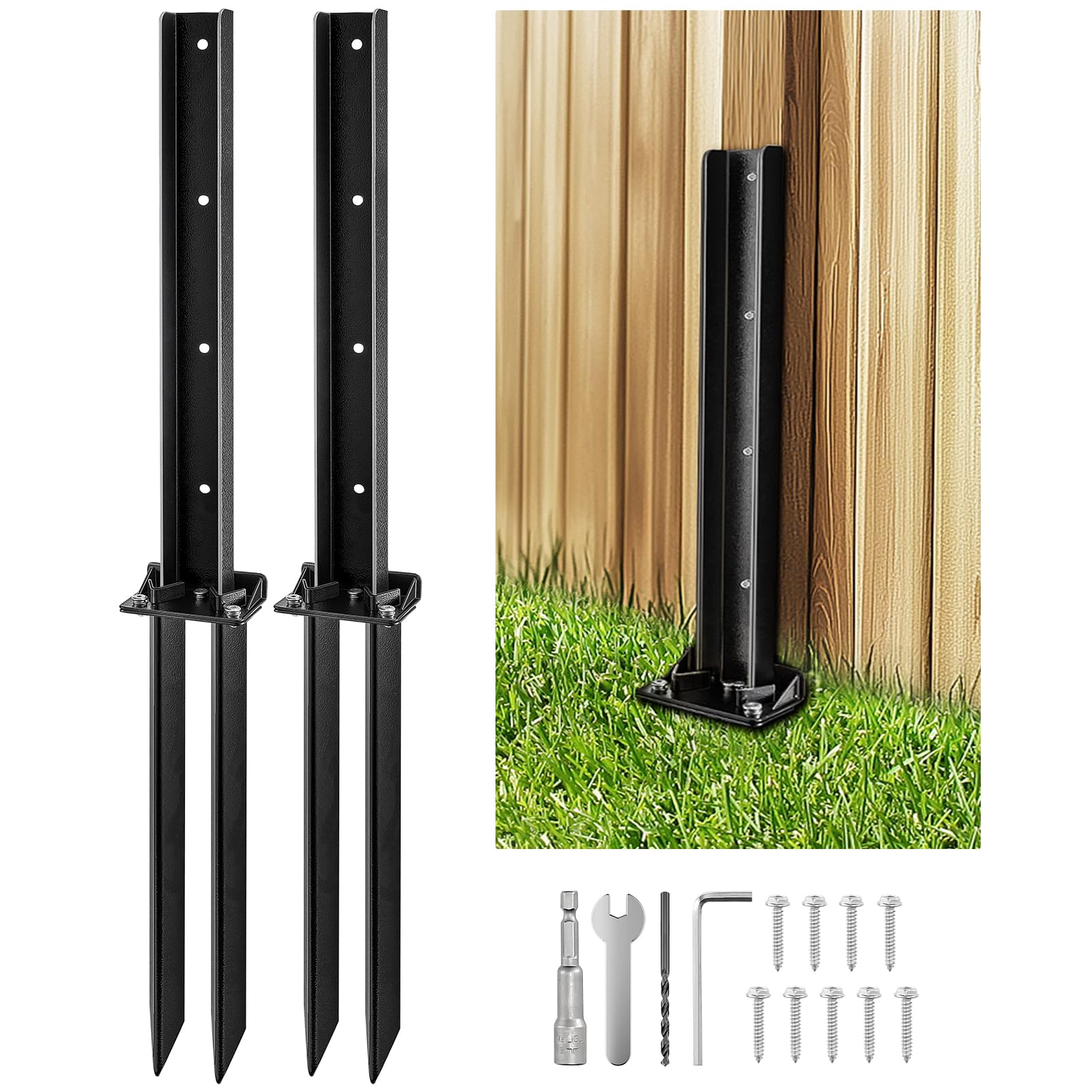 Growneer Fence Post Repair Kit, 2-Pack Heavy-Duty Steel Fence Post Anchor Kit, Fence Post Repair Stakes for Repairing Tilted and Broken Wooden Fence Posts
