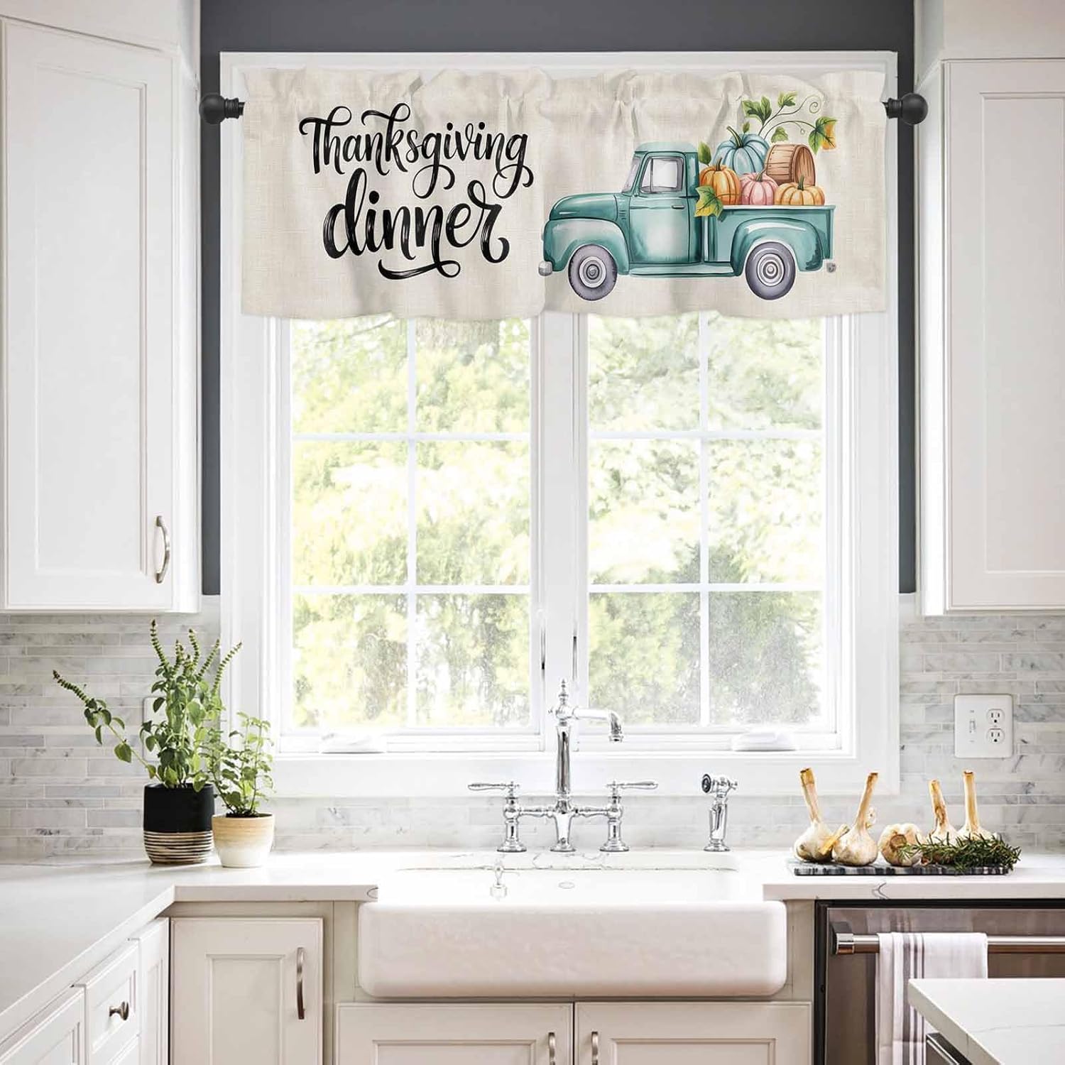 Curtain Tier and Valance Set of 3 - Thanksgiving Watercolor Blue Truck Harvest Pumpkin Valances Curtains for Living Room Bathroom Bedroom - Semi Sheer Window Curtains Kitchen Valance 27.5"x24"