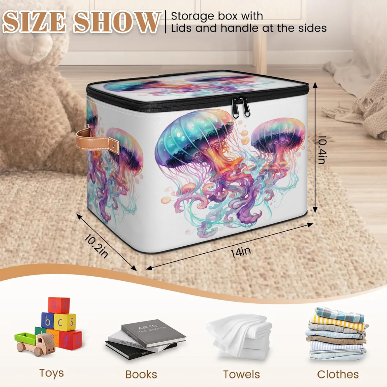 Storage Bin Set of 2 Colorful Jellyfish Storage Basket with Zipper Lid & Handle Foldable Closet Shelf 2 Pack Cloth Organizer Basket Cube Bins Clothes Organizer for Nursery, Bedroom
