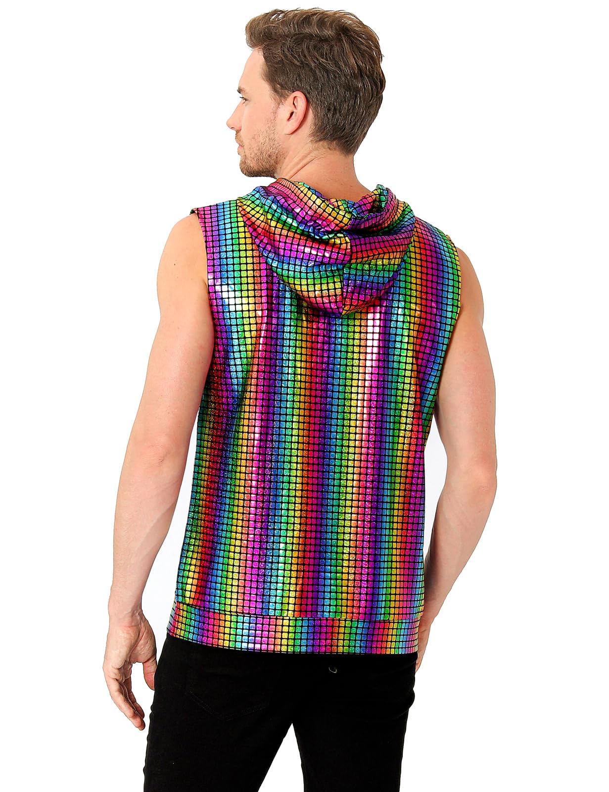 COSAVOROCK Sleeveless Hoodie Zip Up Vest for Men Disco 70s Sequins Metallic Fancy Dress Rainbow Outfit Pride Tshirt, Multicoloured, XL - Image 2