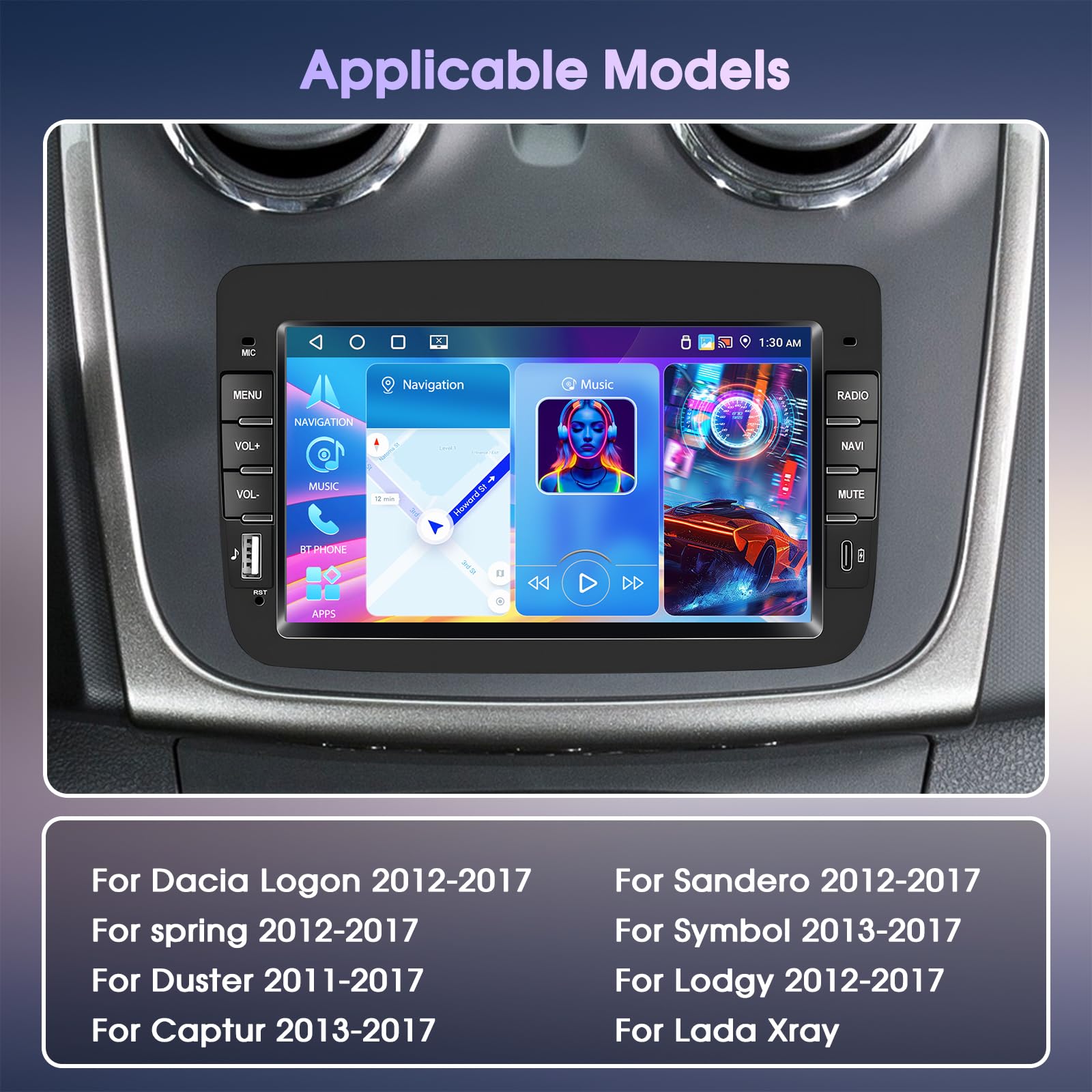 Autoradio 4+64G Android 15 per Dacia Logon Duster Captur Sandero Symbol Lodgy LadaXray, 1 DIN 7'' Stereo Radio Bluetooth 5.0 IOS Carplay Android Auto Radio EQ GPS WiFi Supporto DAB
