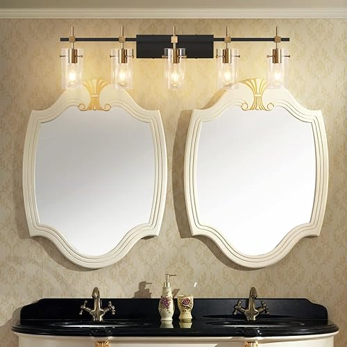 Miniatura 7 de SOLFART Lámparas de baño vintage de latón de 40.1 pulgadas, luces de pared para baño, espejo con pantalla de cristal, 5 luces