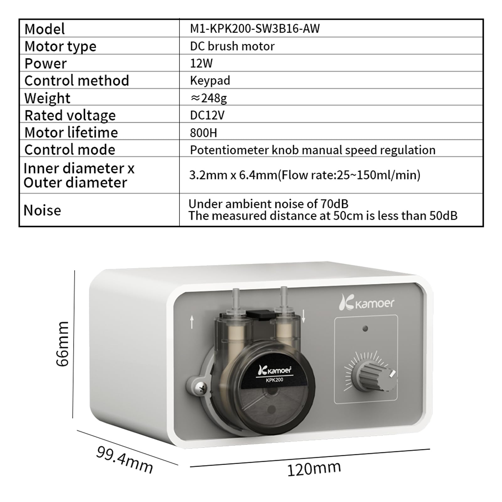 Kamoer M1-KPK200 Kleine Schlauchpumpe, 12 V mit niedrigem Durchfluss, 25–150 ml/min, einstellbare Geschwindigkeit, Flüssigkeitsdosierpumpe für Labor, Fabrik, Zuhause, mit Netzadapter