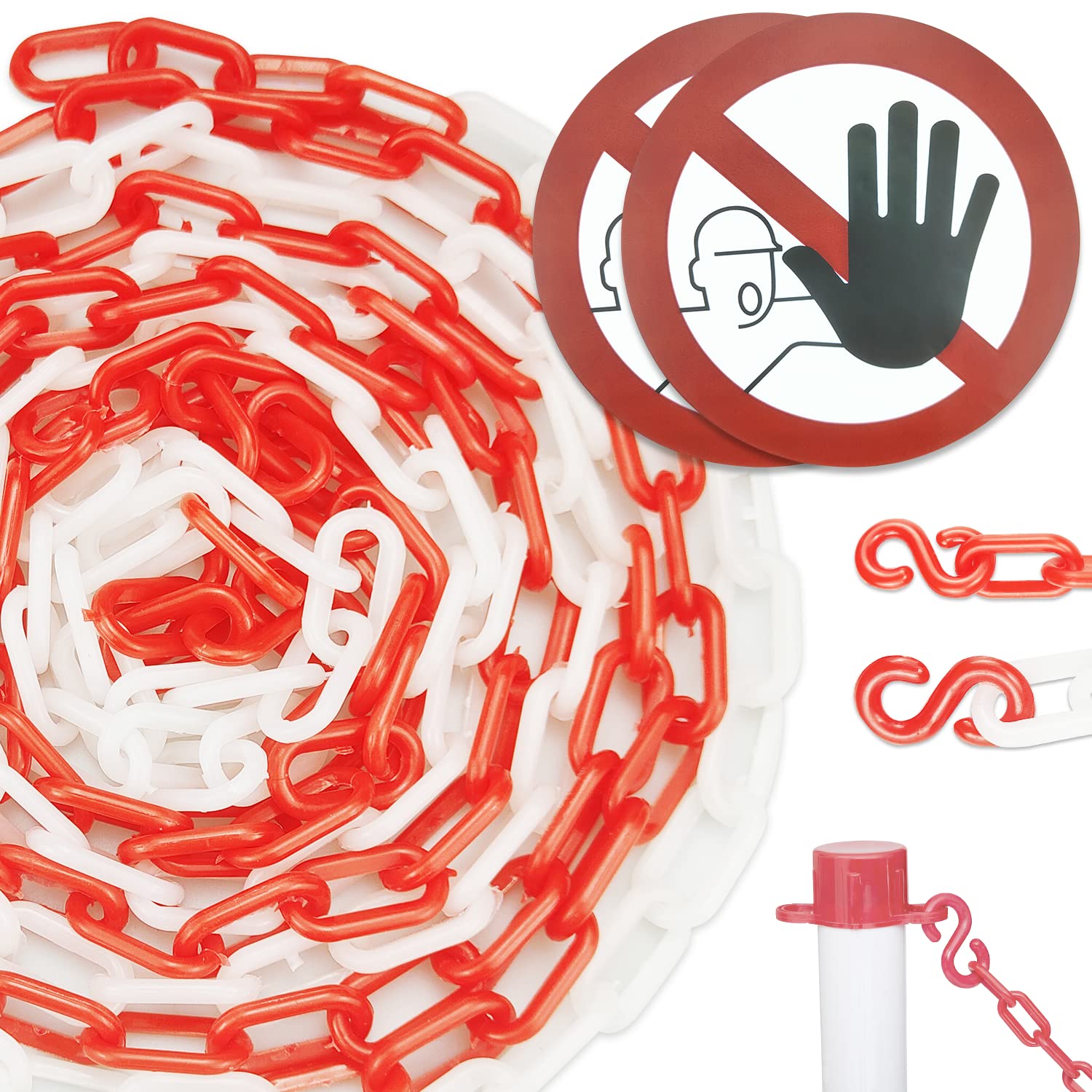 5 Meters(16.4 Feet) Plastic Barrier Chain,Red and White Plastic Chain,with 2pcs Round Waterproof and Wear-Resistant No Entry Warning Stickers and S Buckle