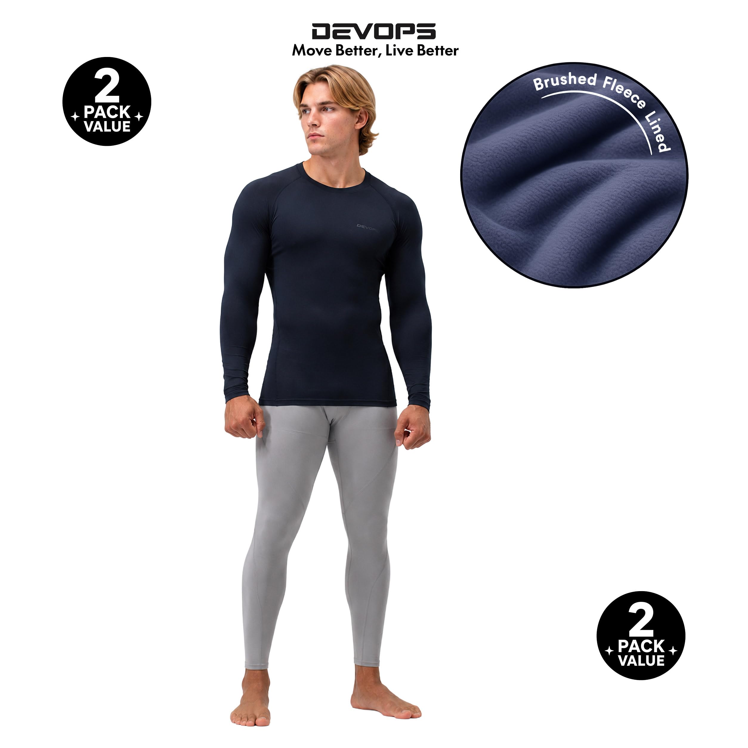 Devops Devops 2 Pack Men's Thermal Long Sleeve Shirts Fleece Lined Base Layer Tops Manga Larga Hombre (Pack de 2)