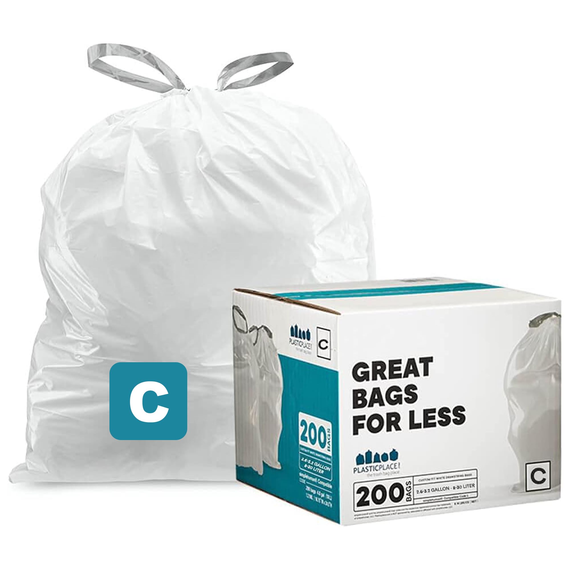 Plasticplace Trash Bags Compatible with simplehuman Code C (200 Count) White Drawstring Garbage Liners 2.6-3.2 Gallon / 10-12 Liter, 14.75" x 20"
