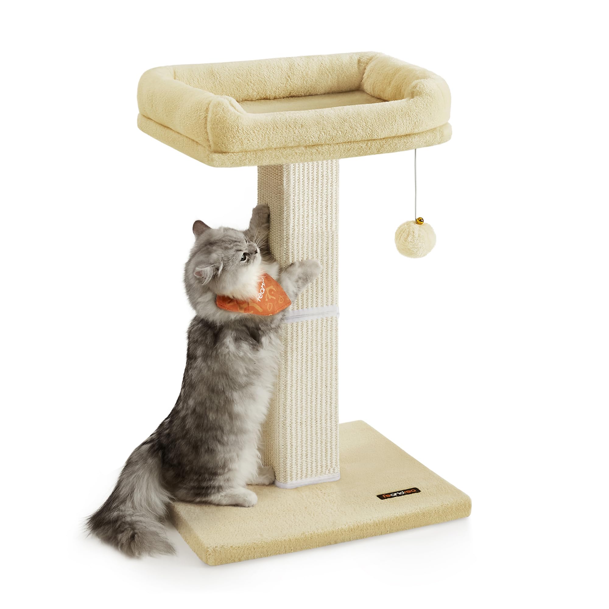 Feandrea Cat Scratching Post, Cat Tree with 40 x 30 cm Plush Perch, 71 cm Tall Scratch Post, Woven Sisal, 45 x 40 cm Base, Pompom, Beige PCA022M01