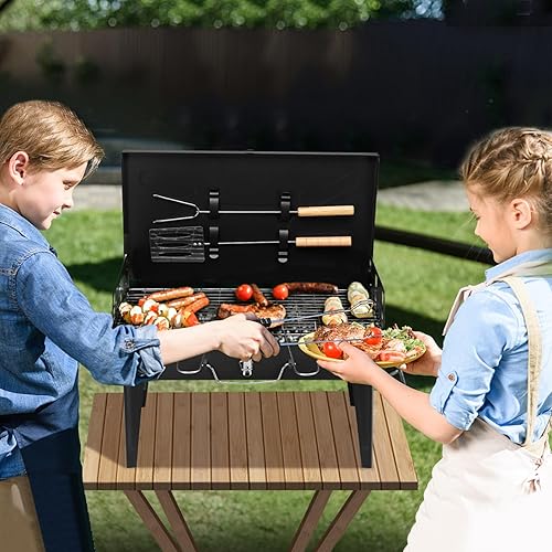 Miniatura 6 de Outvita Parrilla de carbón portátil, parrilla plegable para barbacoa al aire libre con accesorios de barbacoa y tapa para cocinar, camping, picnic,