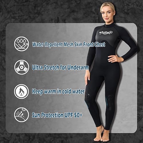Miniatura 10 de AnParc Traje de neopreno de cuerpo completo de 0.118 pulgadas para mujer, traje húmedo de agua fría con cremallera trasera, adecuado para buceo,
