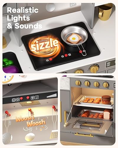 Miniatura 3 de BIERUM Cocina de madera para niños de 3 a 8 años con luces y sonidos, juego de cocina de juego de simulación con estufa, máquina de hielo, cafetera,