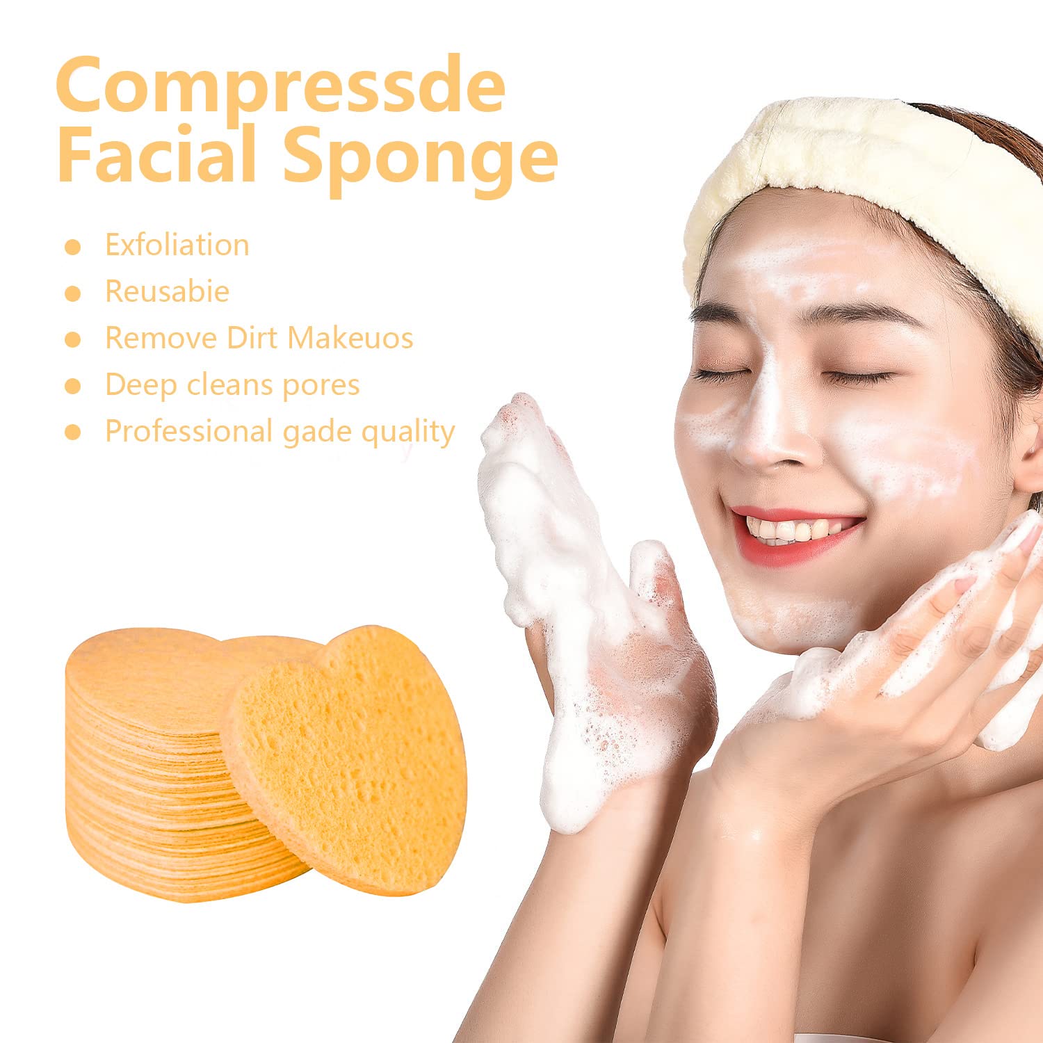 50-Count Facial Sponges Compressed, 100% Natural Cellulose Face Sponge Professional Cosmetic Spa Sponges for Face Cleansing, Exfoliating Mask, Makeup Removal for Travel and Home, Deep Yellow image 3