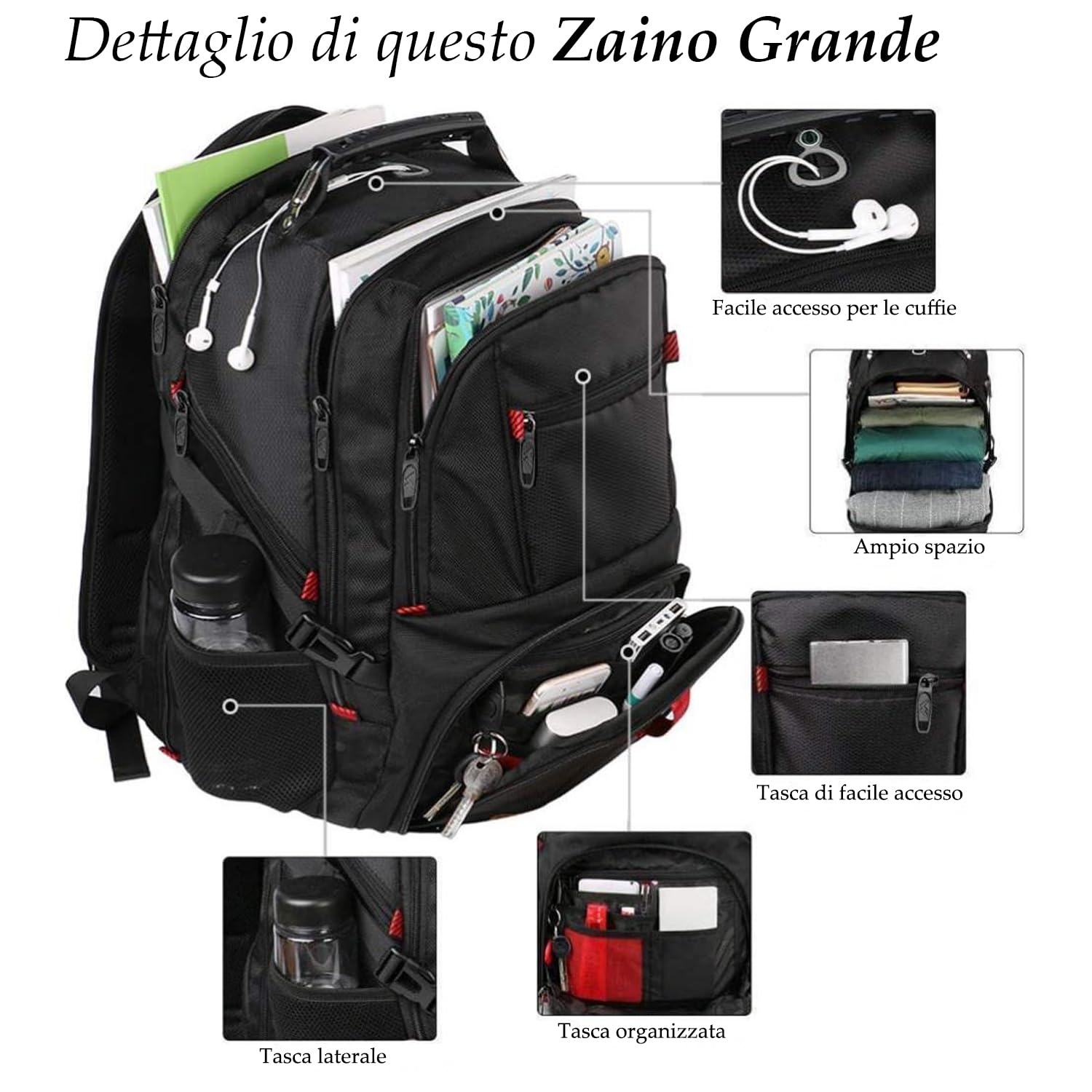 MATEIN Zaino Uomo Grande 50L, Zaino Porta PC 17 Pollici Zaini Lavoro Uomo Zaino Capiente, Impermeabile Zaino per PC Portatile Laptop Computer Notebook Viaggio Ufficio Scuola Università, Nero