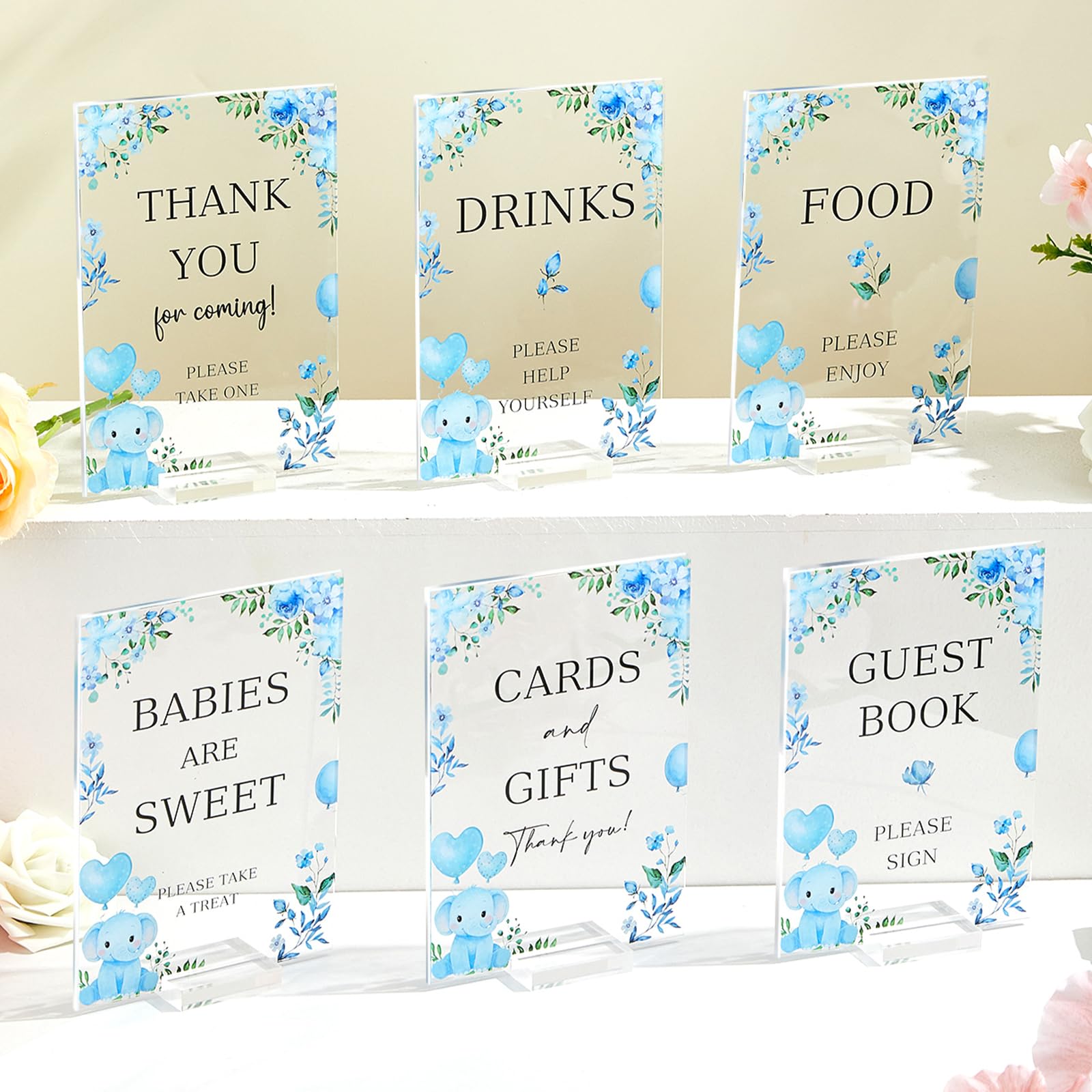 gisgfim 6 Pcs Blue Elephant Baby Shower Table Decorations Baby Shower Acrylic Sign Thank You Sign Centerpieces with Stand Wedding Birthday Party