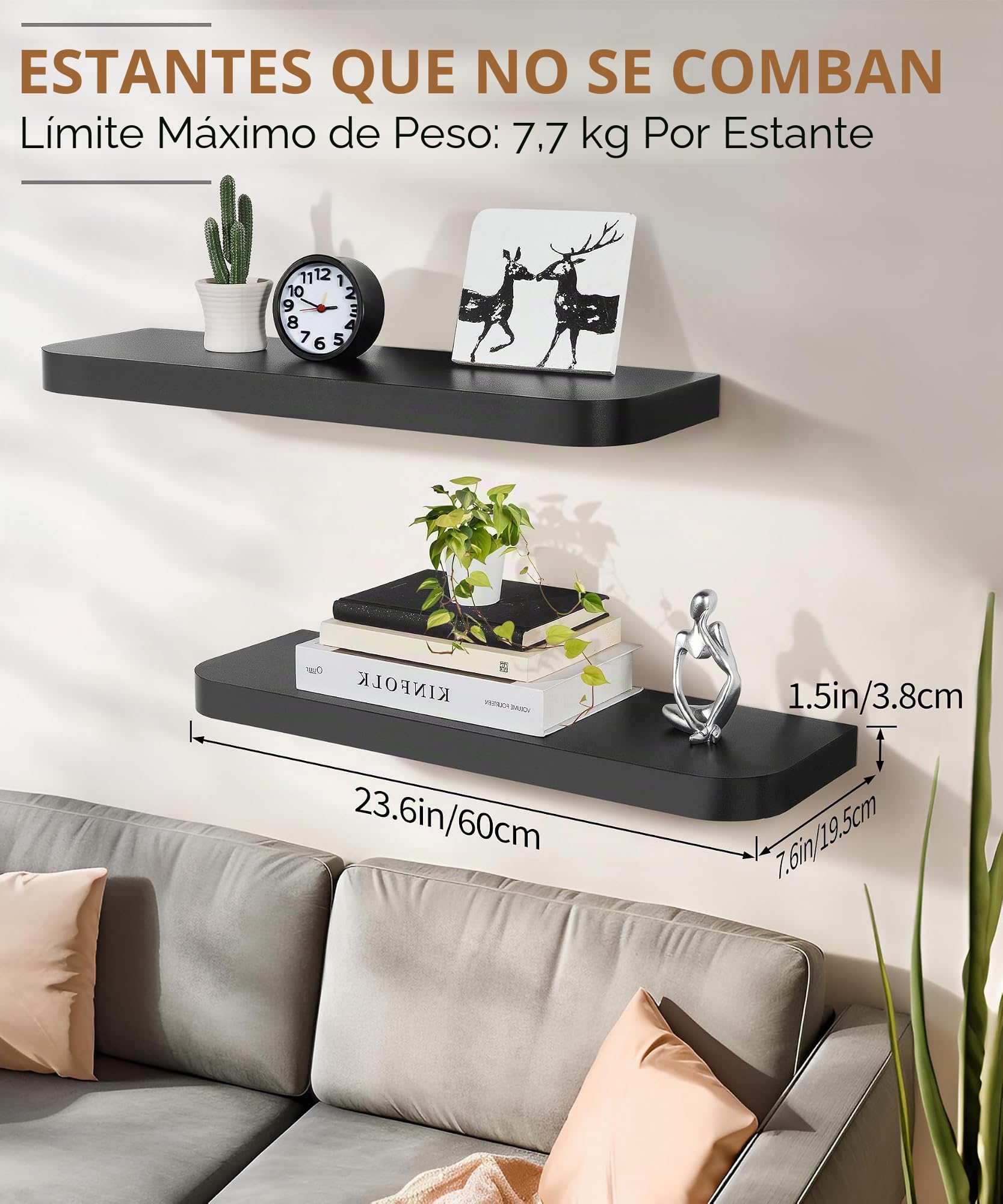 Gronda Estantería de Pared Larga Negra, Baldas de Madera con Borde Curvo | 60cm Baldas de Madera Juego de 2, Repisas de Pared, Almacenaje, Decoración, Balda Flotante para Fotos, para Salón