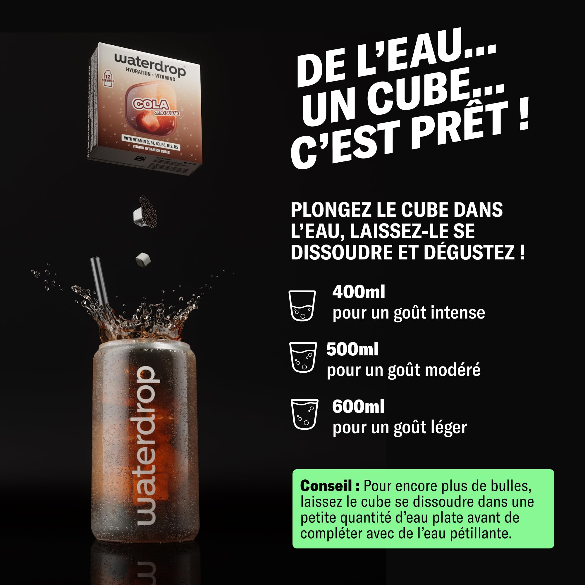 waterdrop® Cola Nouvelle Recette – 36 Pastilles Aromatisées pour l'Eau Sans Sucre, Cubes de Boisson pour Eau Aromatisée, Alternative aux Boissons Gazeuses avec Vitamines C et B, Zero Calorie